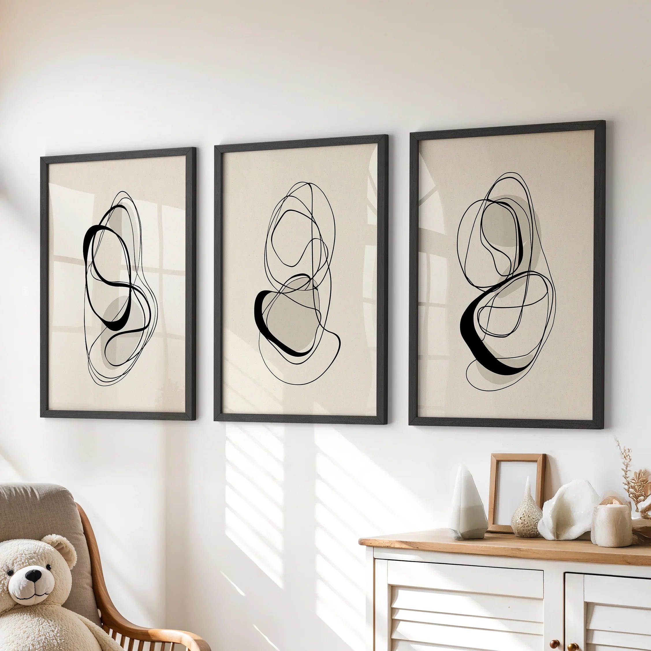 Black and Beige Abstract Set of 3 Wall Art. Minimalist Lines