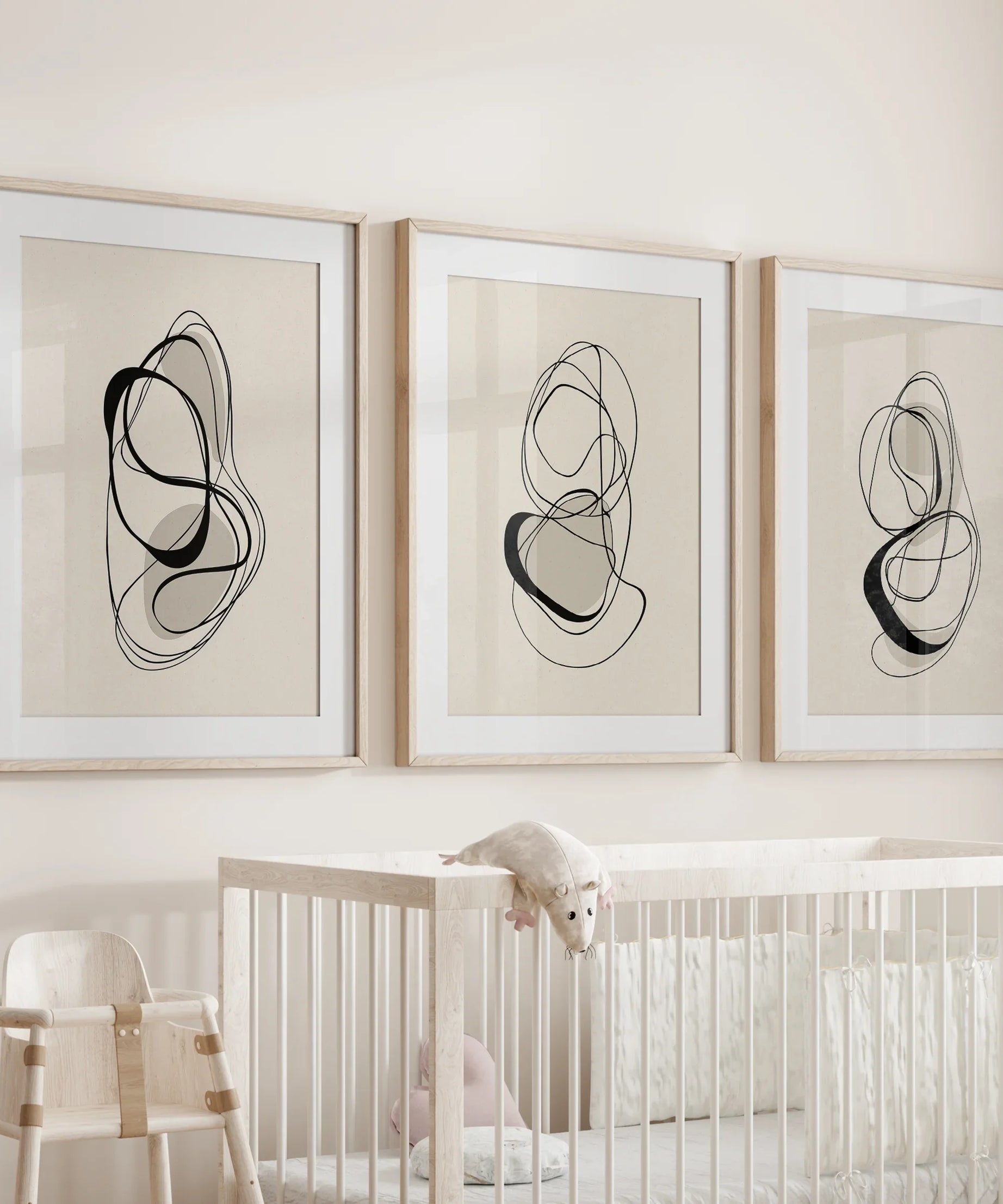 Black and Beige Abstract Set of 3 Wall Art. Minimalist Lines