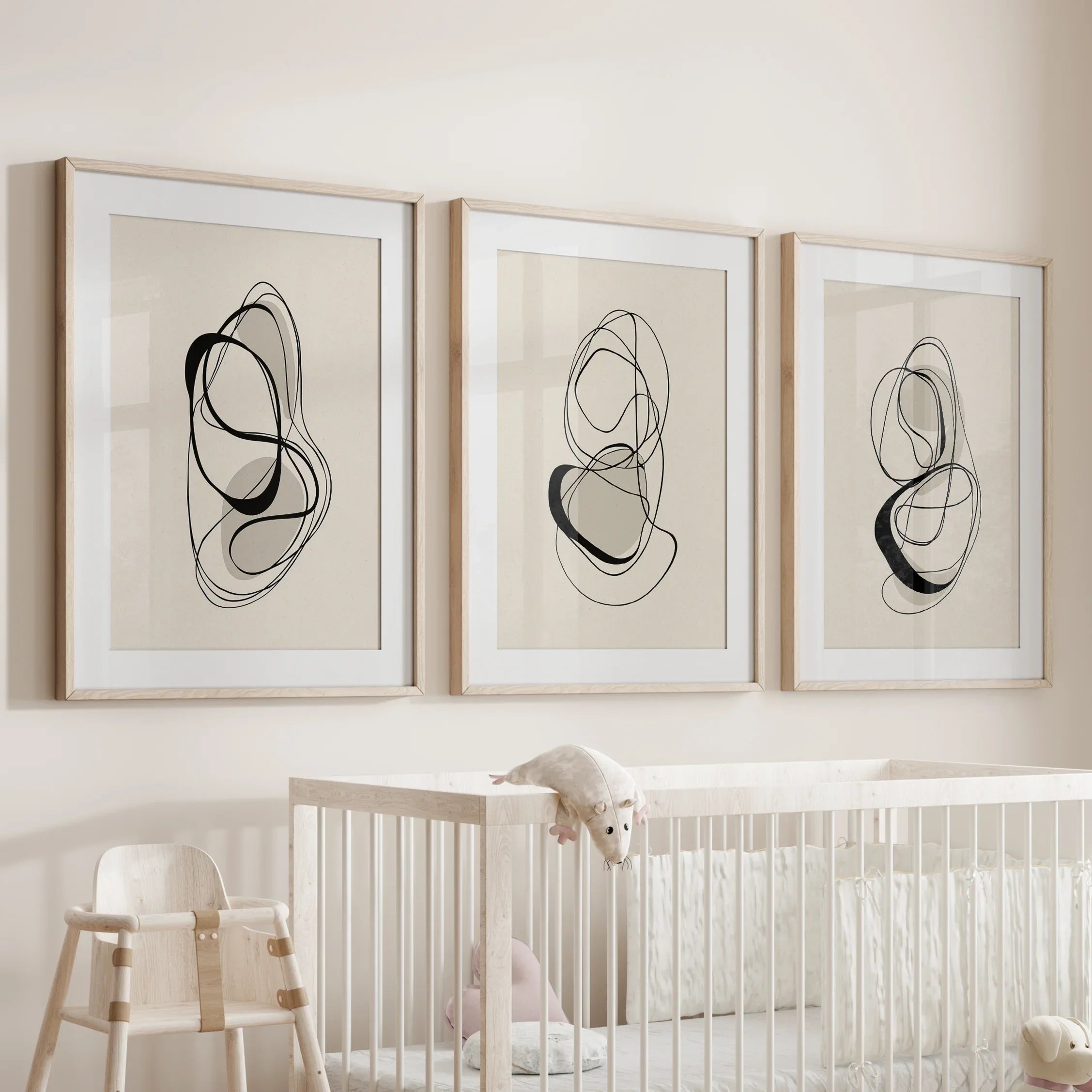 Black and Beige Abstract Set of 3 Wall Art. Minimalist Lines