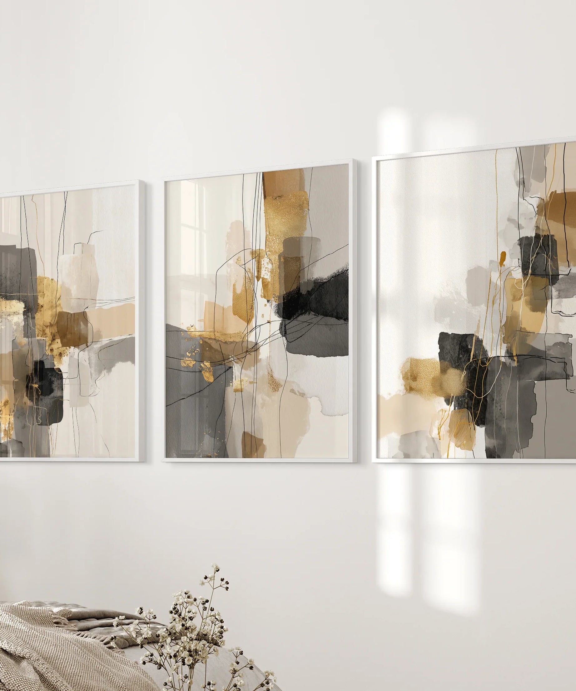Neutral Abstract Wall Art Set of 3. Beige, Gray, Gold Prints