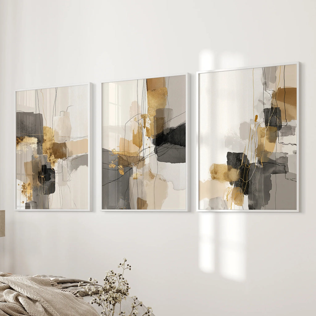 Neutral Abstract Wall Art Set of 3. Beige, Gray, Gold Prints