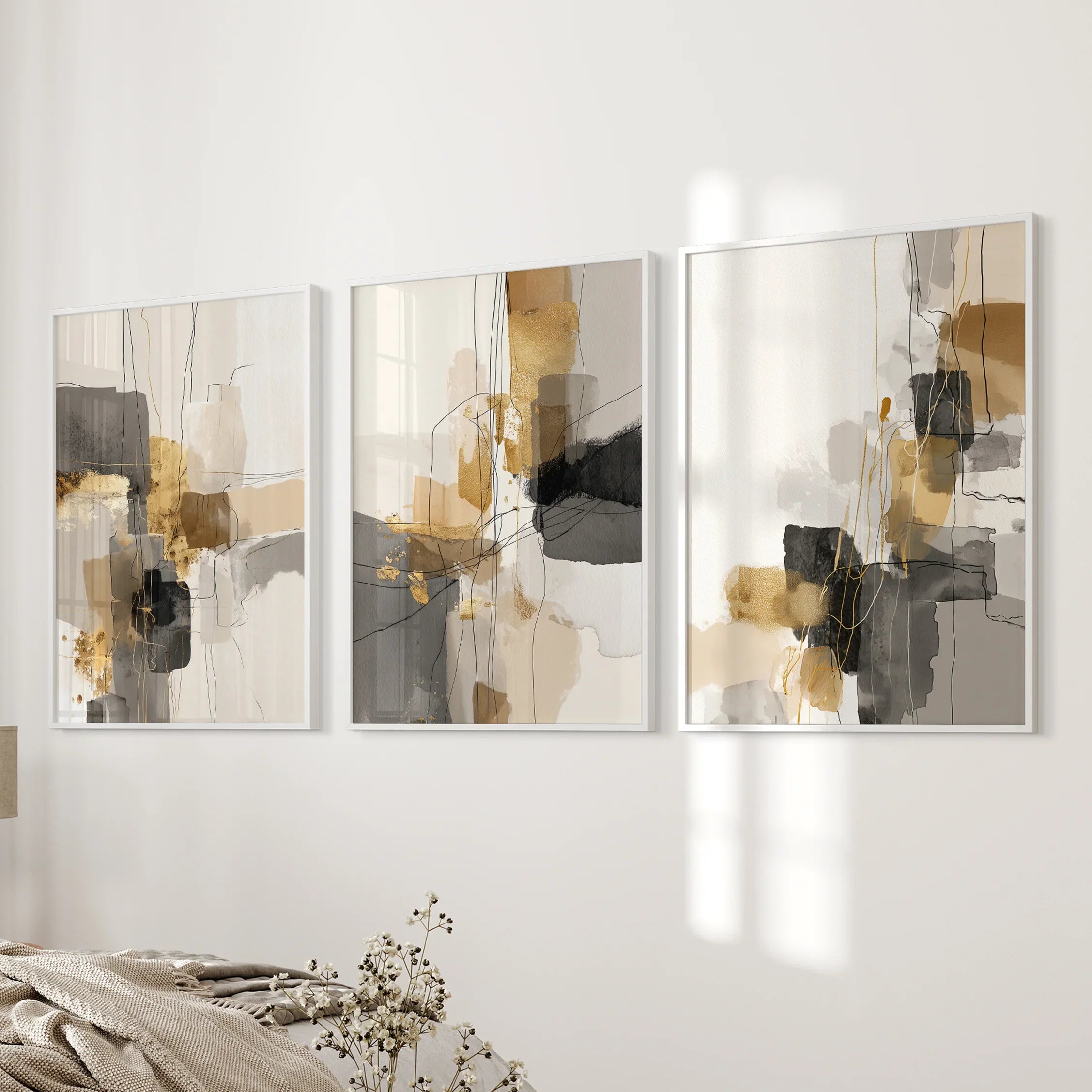 Neutral Abstract Wall Art Set of 3. Beige, Gray, Gold Prints