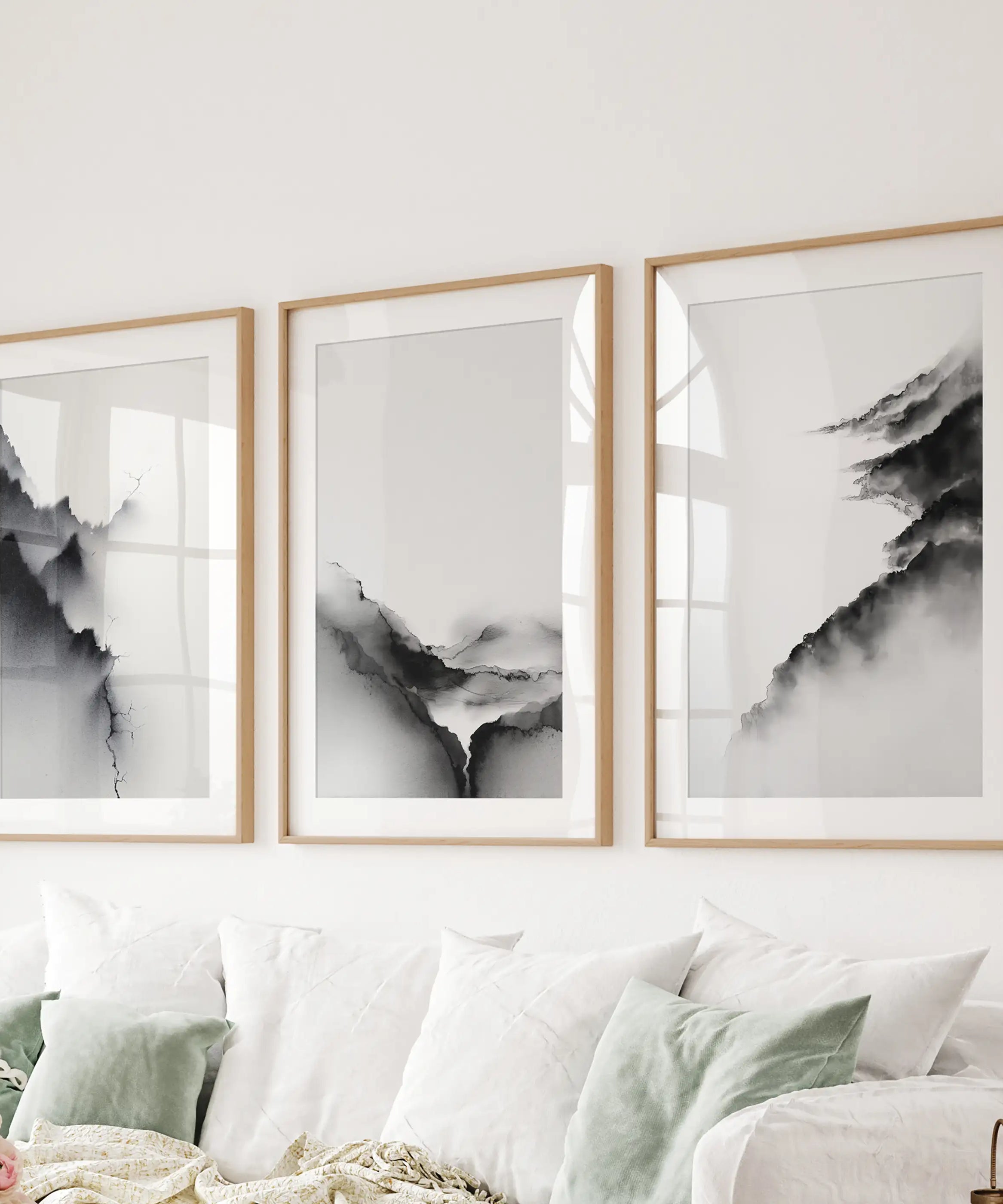 Black White Mountain Landscape Art Set of 3. Calming Nature