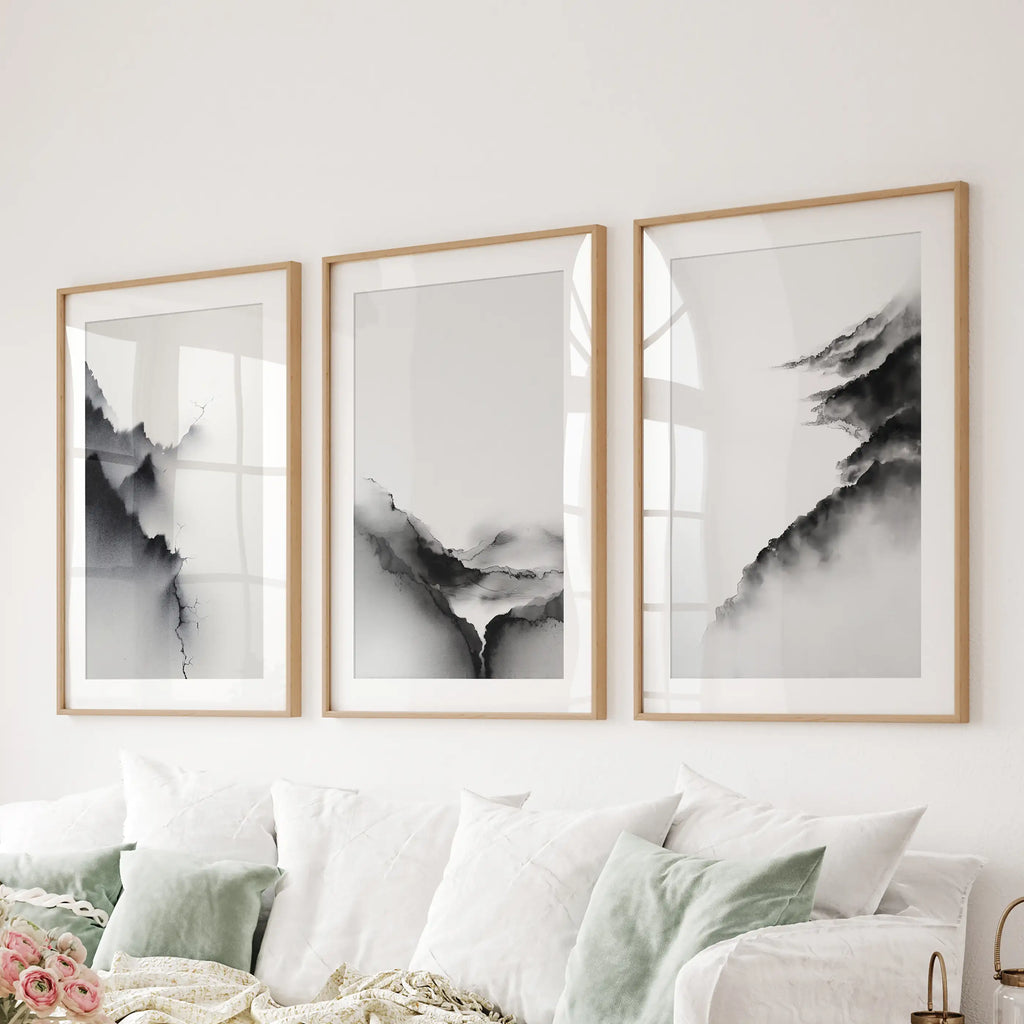 Black White Mountain Landscape Art Set of 3. Calming Nature