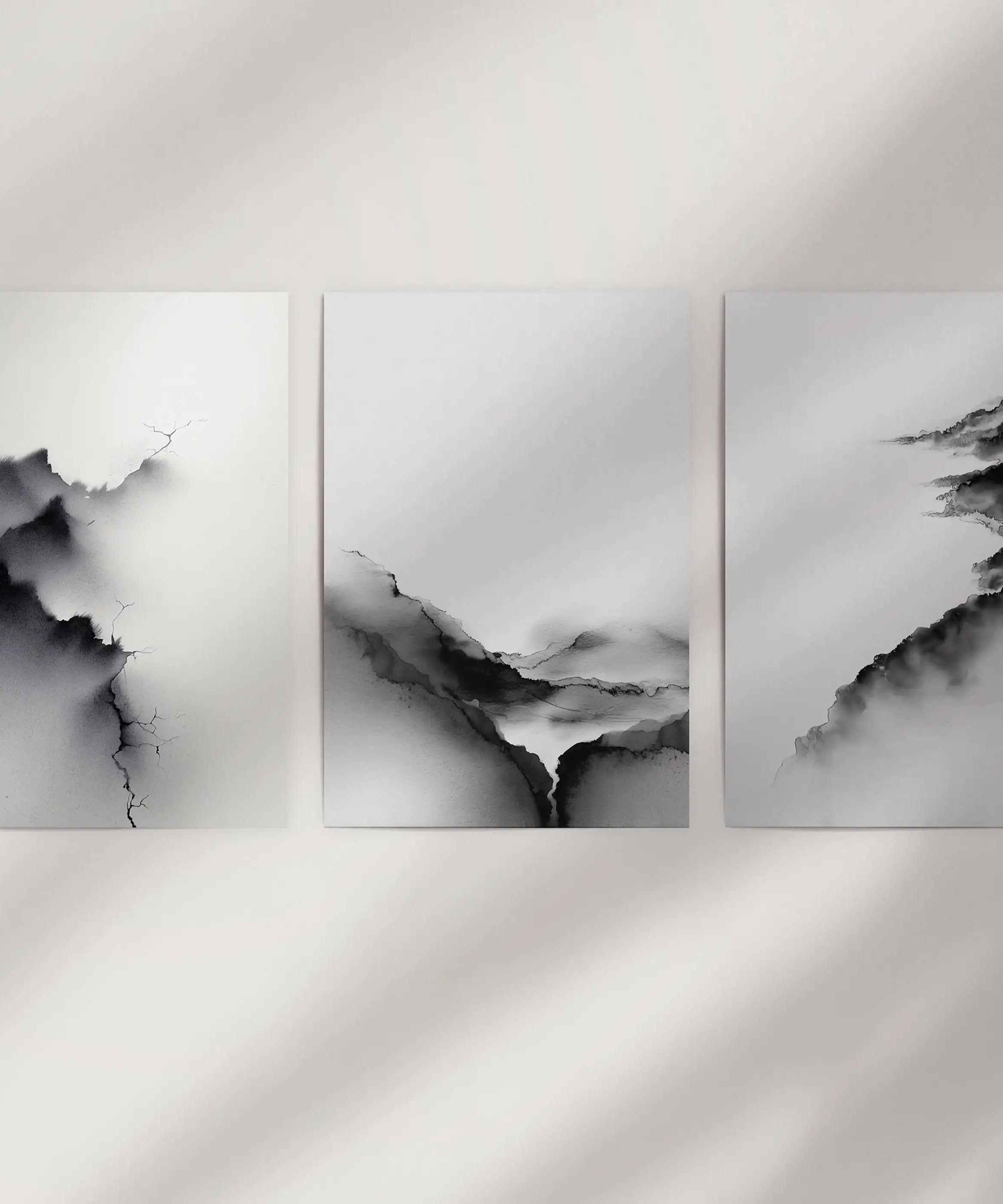 Black White Mountain Landscape Art Set of 3. Calming Nature