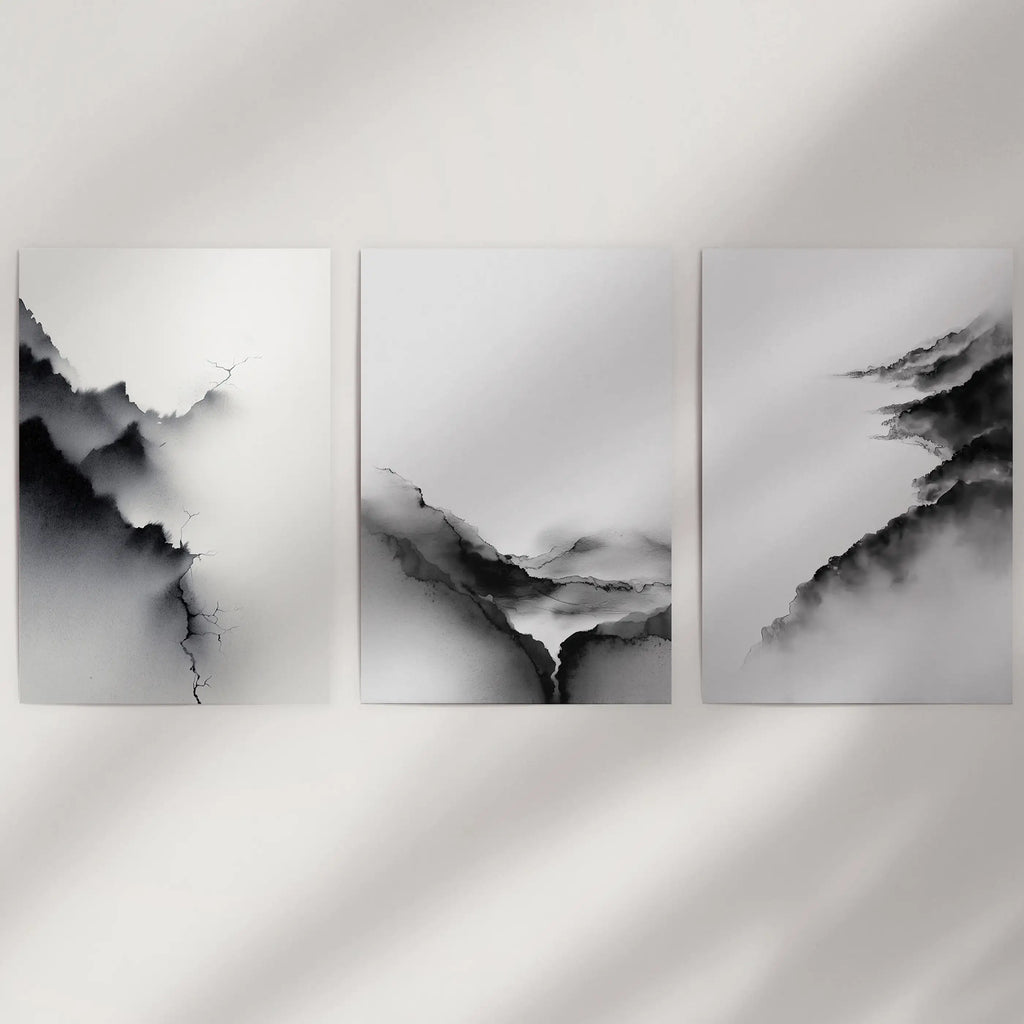 Black White Mountain Landscape Art Set of 3. Calming Nature