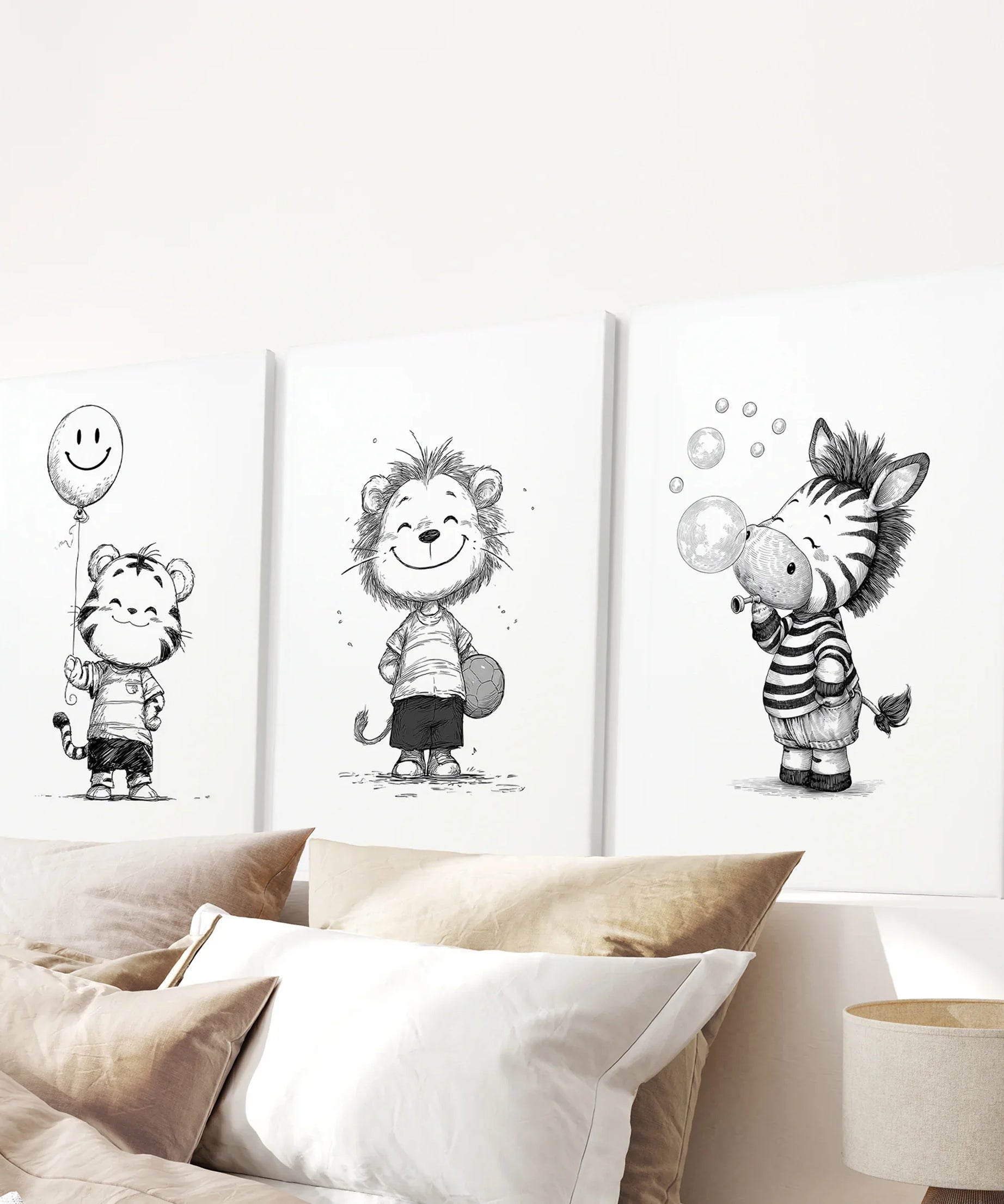Black White Gender-Neutral Nursery Art Set. Lion Tiger Zebra