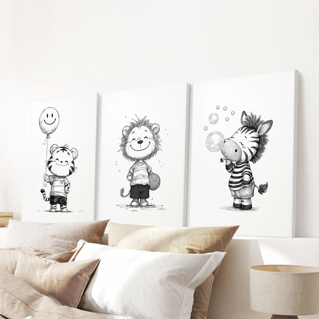 Black White Gender-Neutral Nursery Art Set. Lion Tiger Zebra
