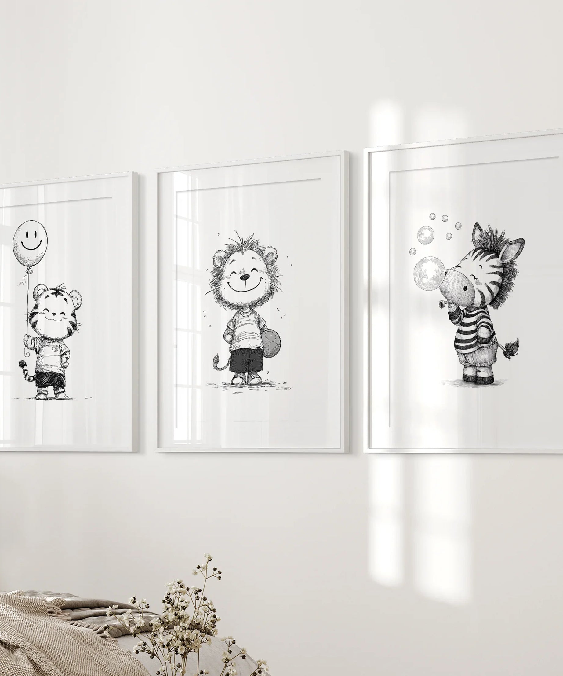 Black White Gender-Neutral Nursery Art Set. Lion Tiger Zebra