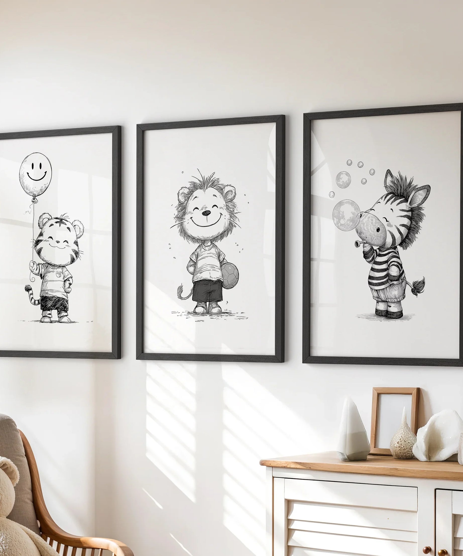 Black White Gender-Neutral Nursery Art Set. Lion Tiger Zebra