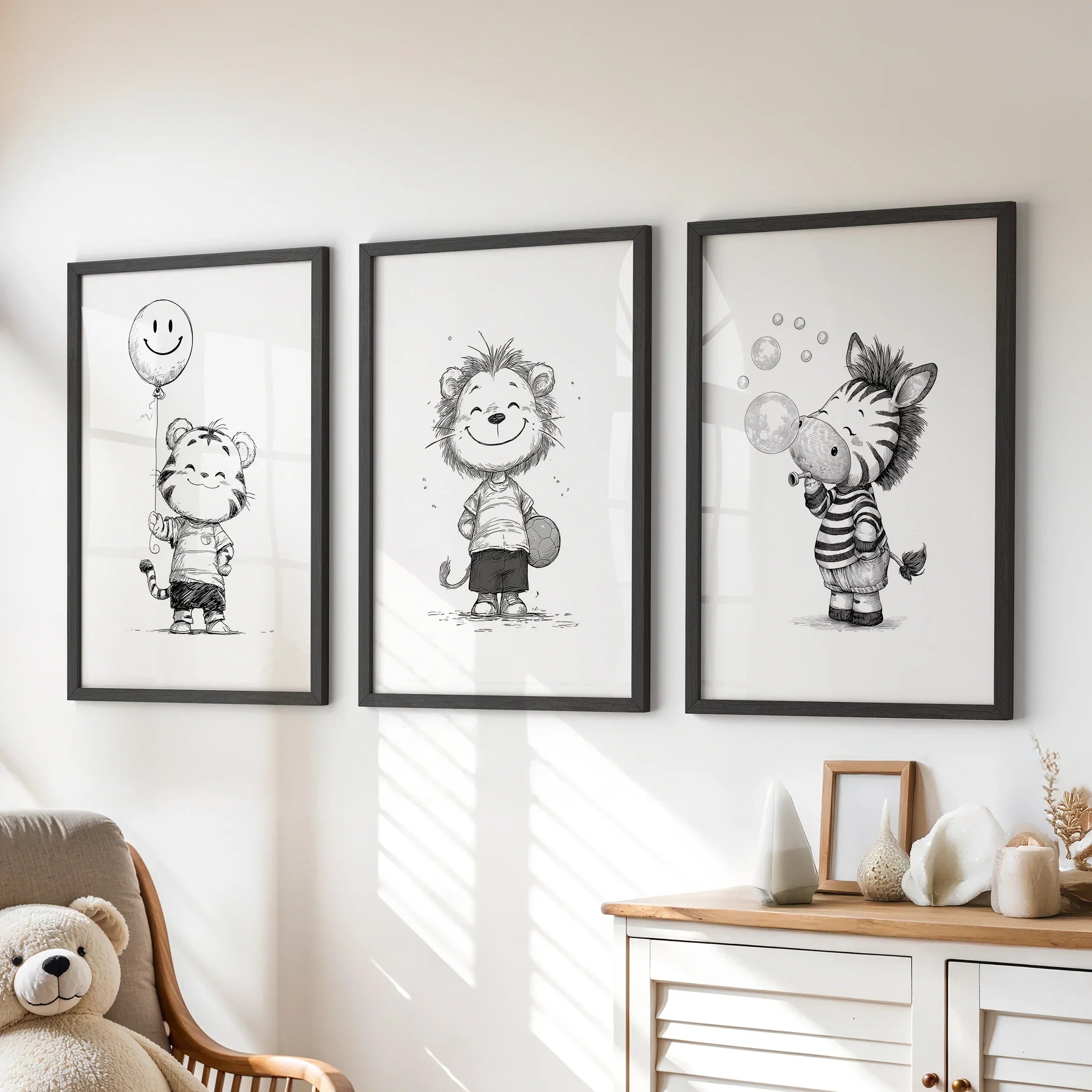 Black White Gender-Neutral Nursery Art Set. Lion Tiger Zebra