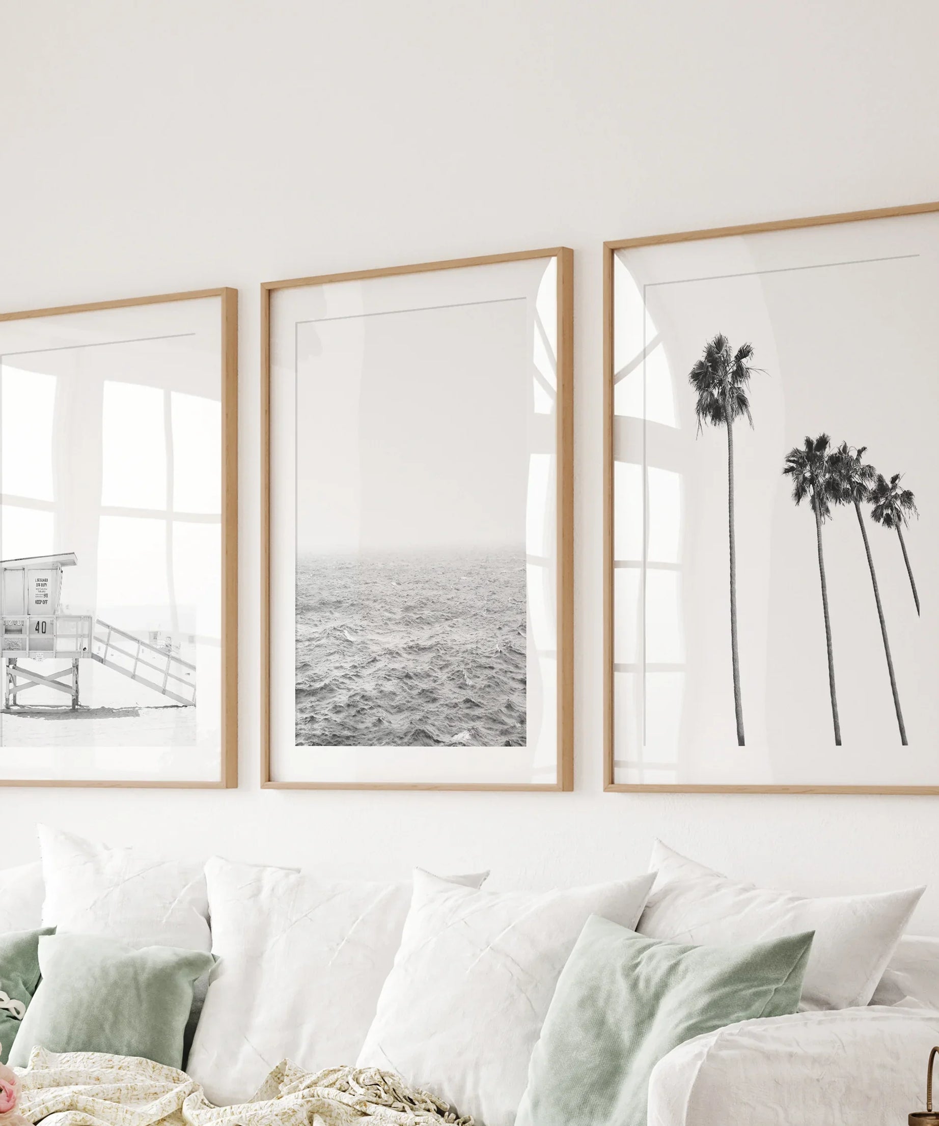 Black White Coastal Wall Art Set: Palms, Ocean, Lifeguard