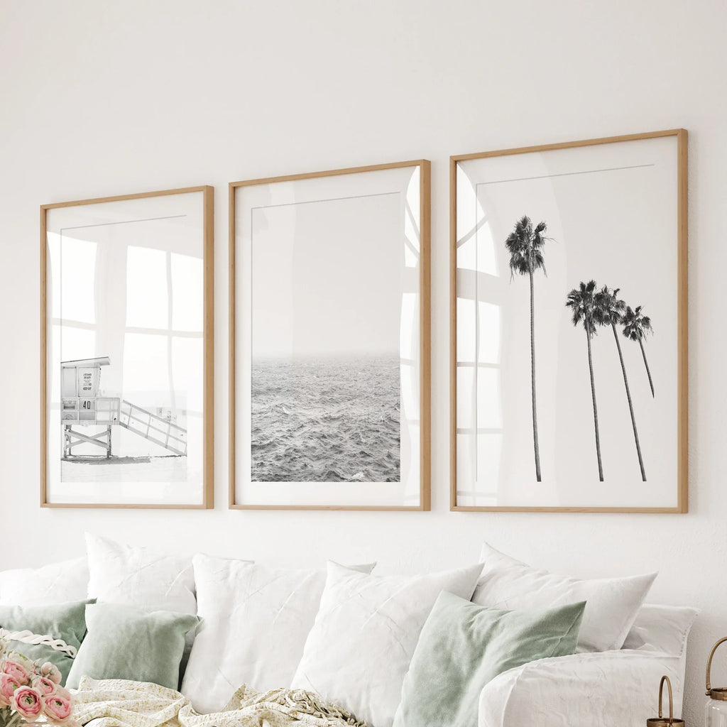 Black White Coastal Wall Art Set: Palms, Ocean, Lifeguard