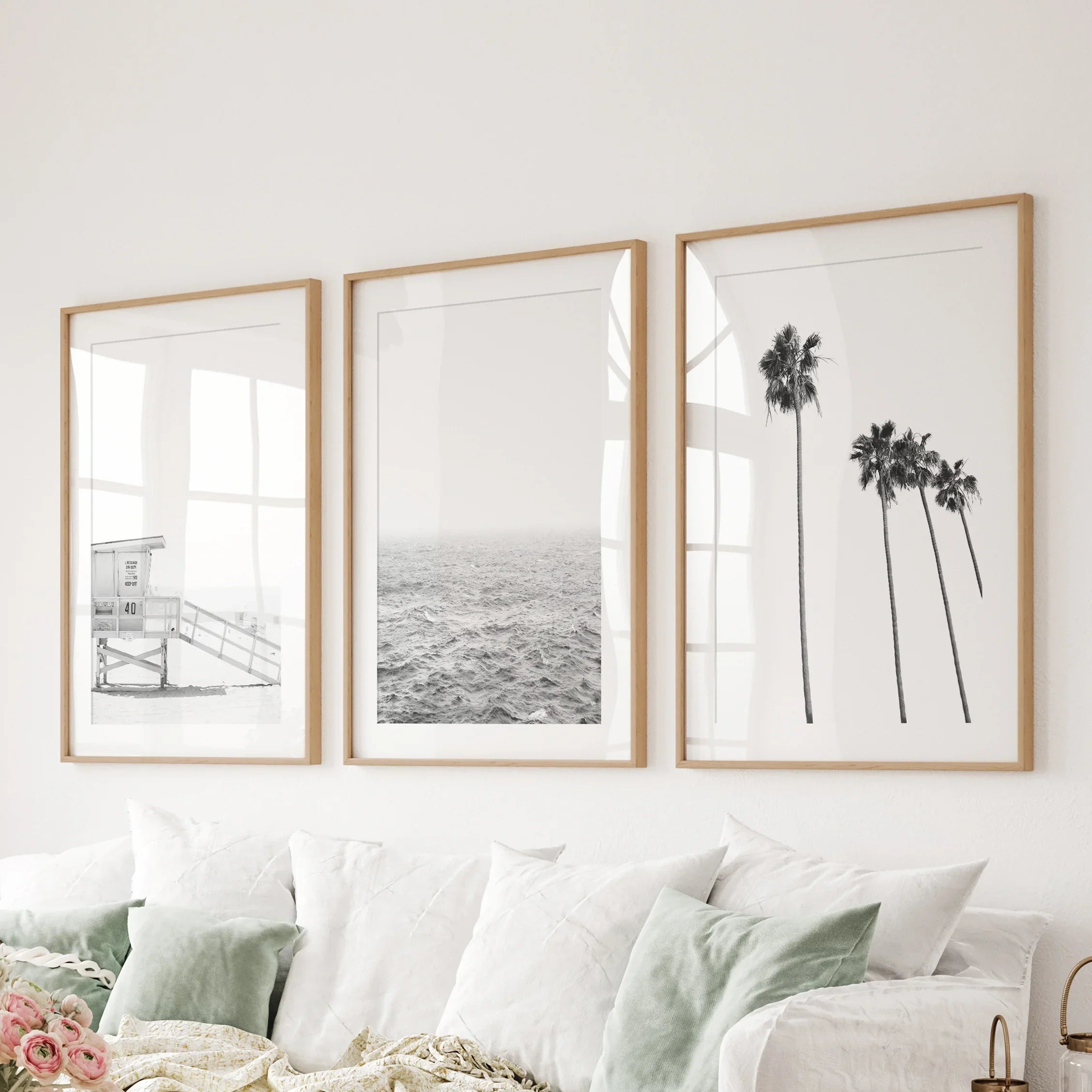 Black White Coastal Wall Art Set: Palms, Ocean, Lifeguard