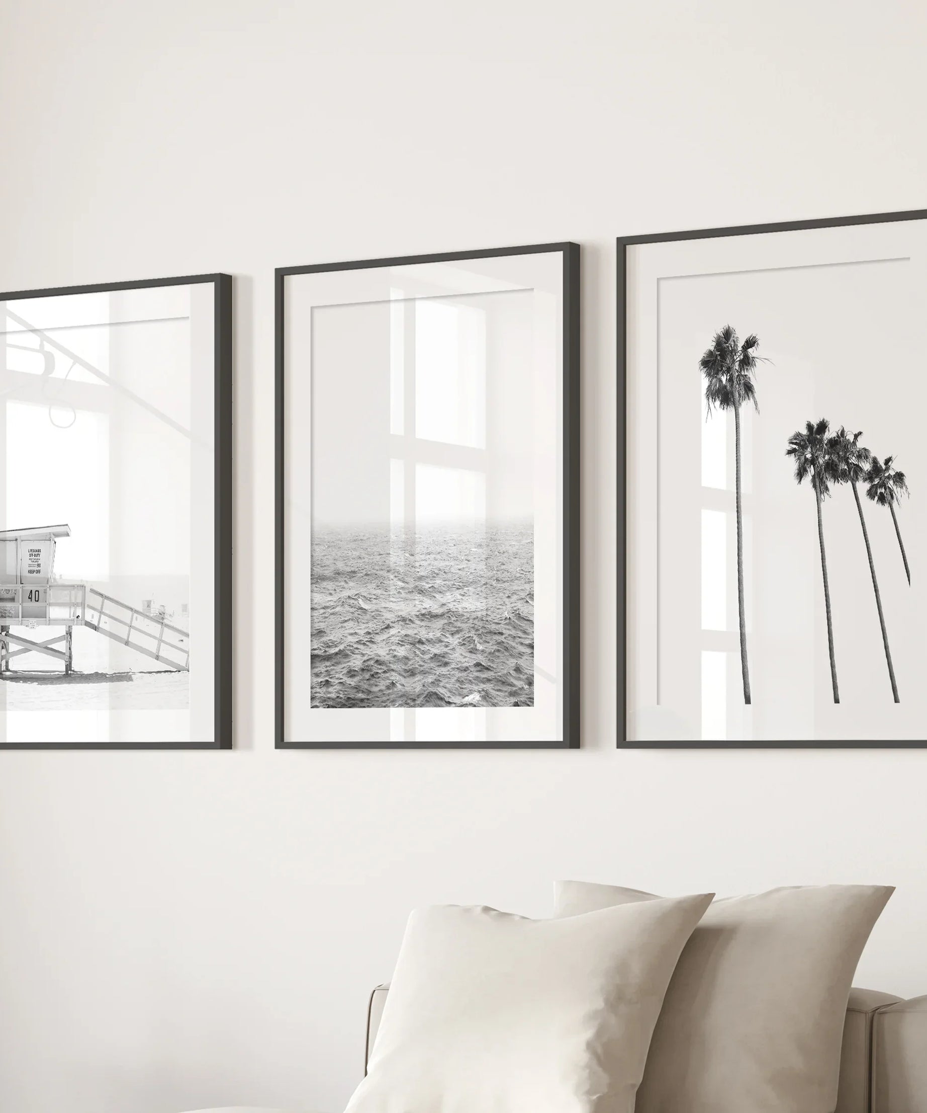 Black White Coastal Wall Art Set: Palms, Ocean, Lifeguard