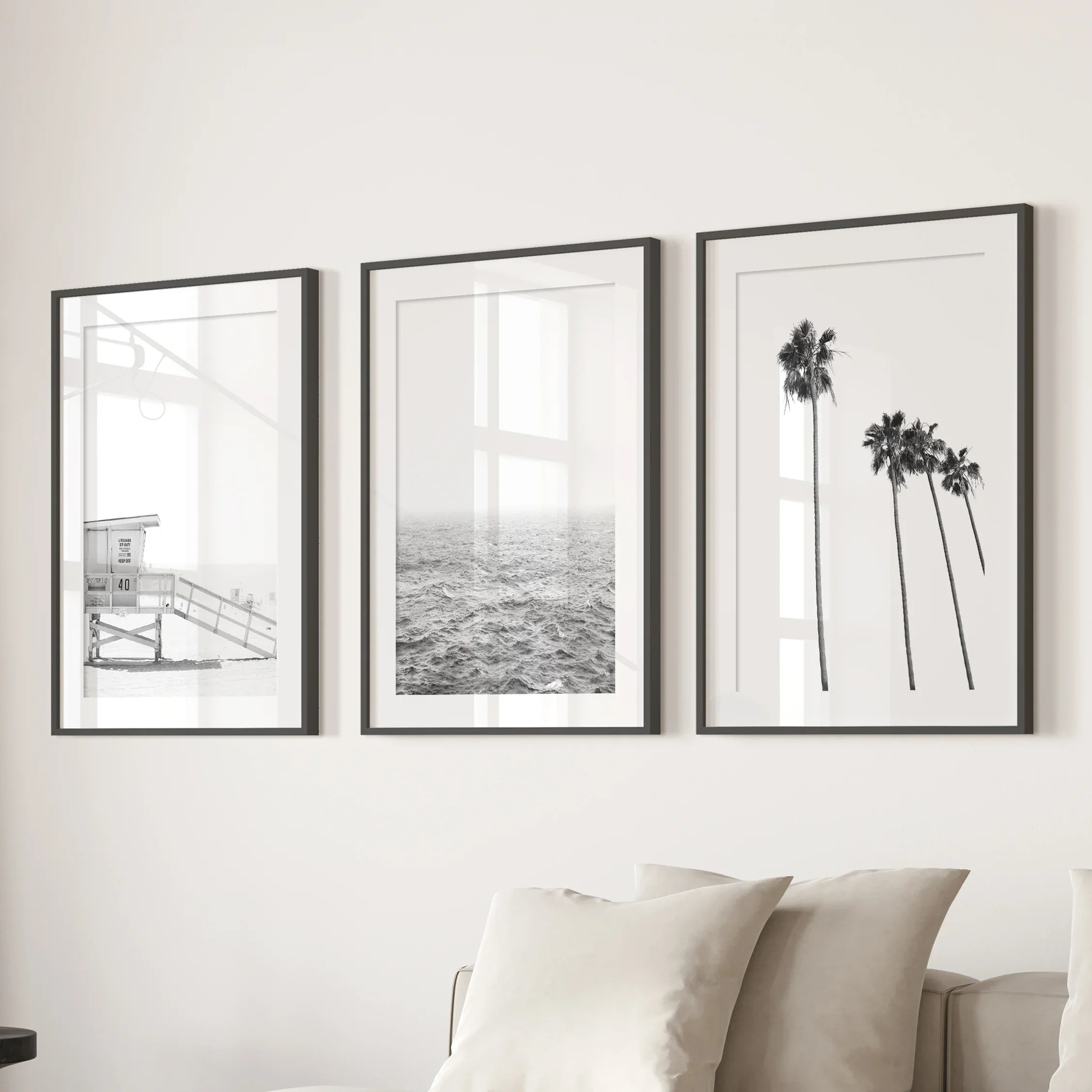 Black White Coastal Wall Art Set: Palms, Ocean, Lifeguard