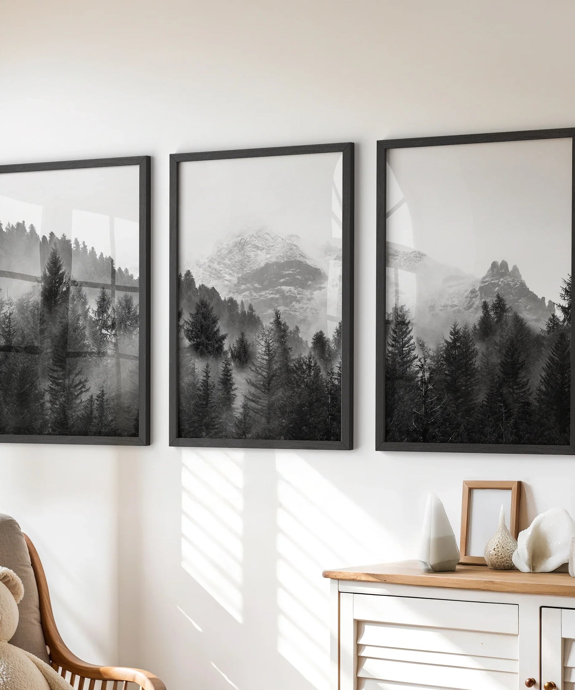 Black White Forest Triptych. Misty Mountains Nature Posters