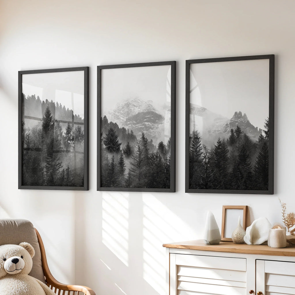 Black White Forest Triptych. Misty Mountains Nature Posters