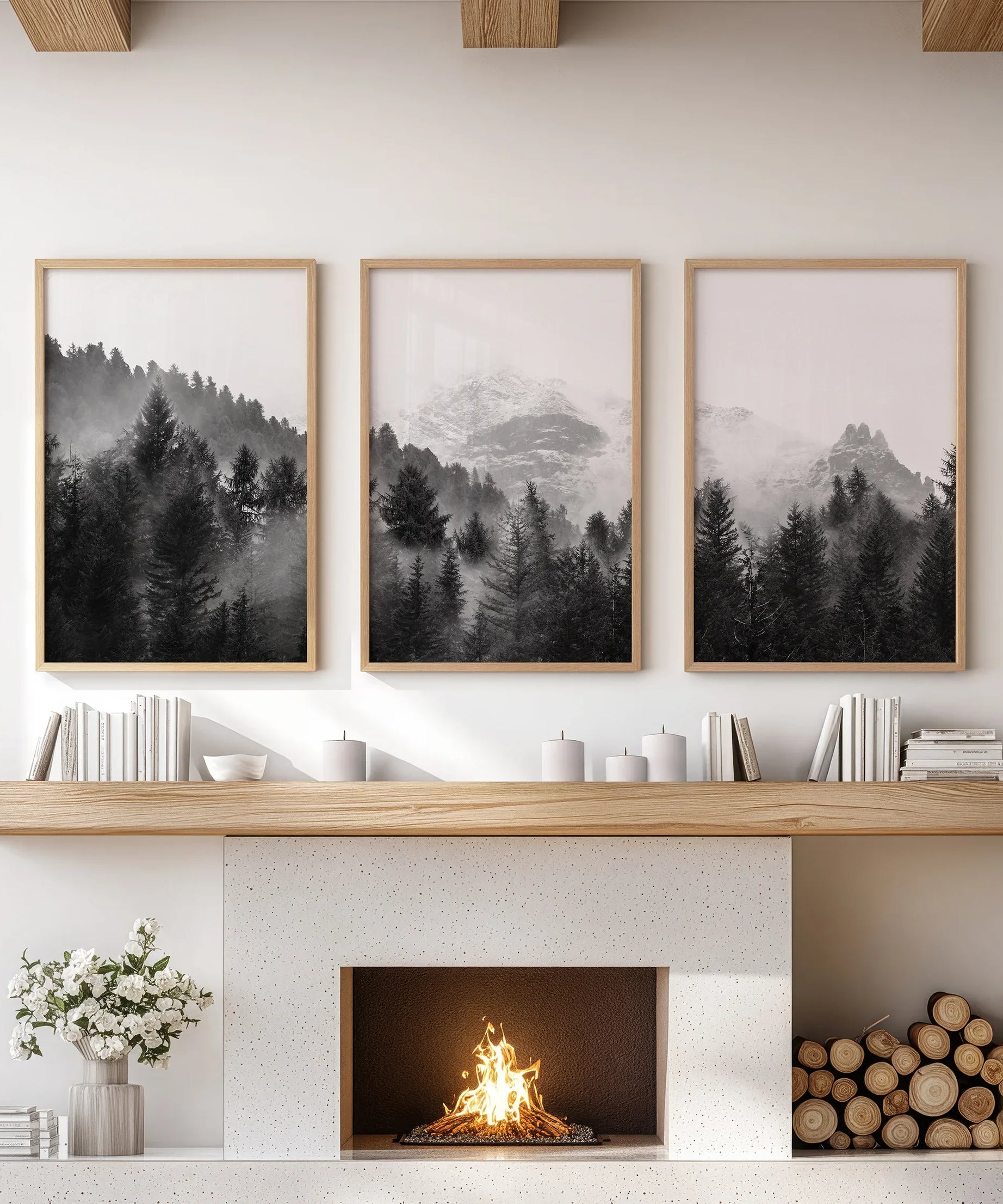 Black White Forest Triptych. Misty Mountains Nature Posters