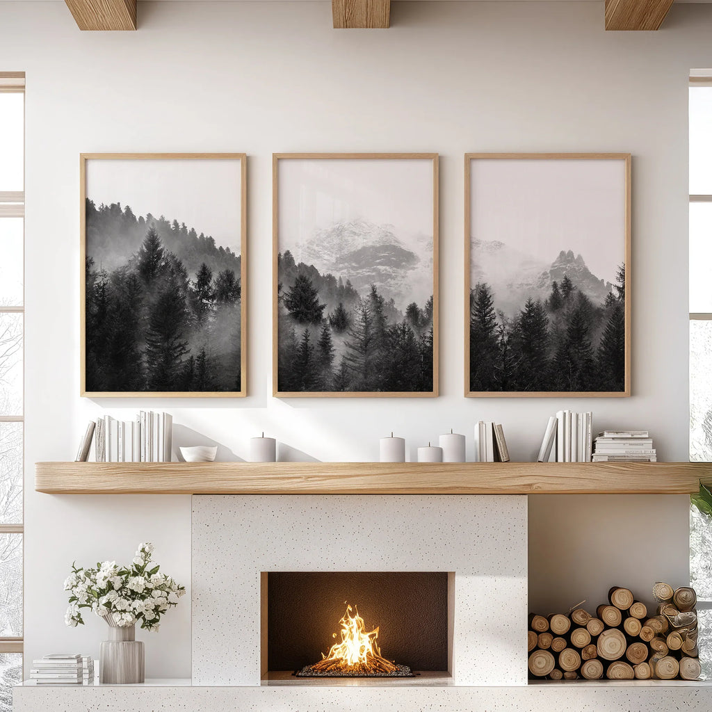 Black White Forest Triptych. Misty Mountains Nature Posters