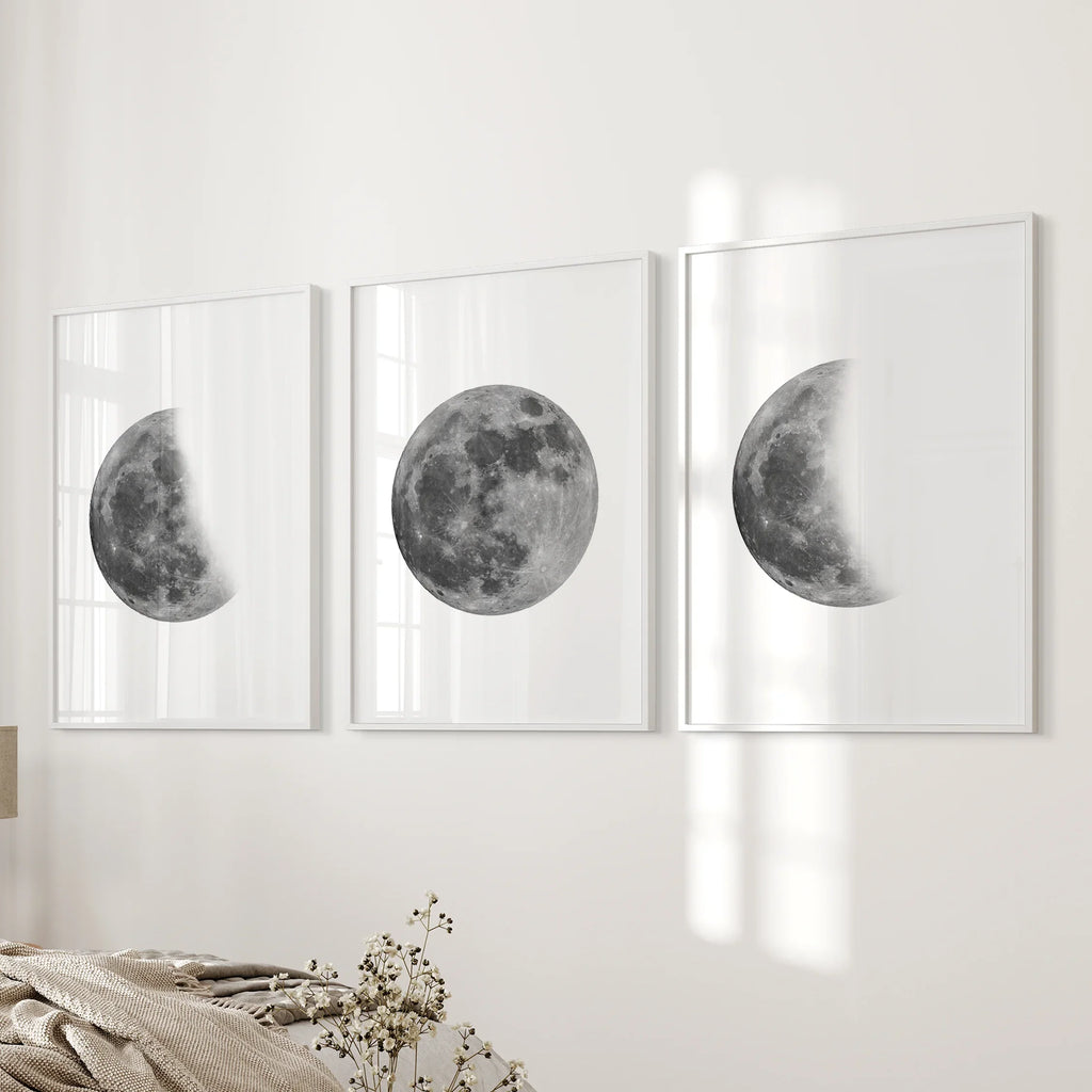 Moon Phases Set of 3 Prints. Black and White Lunar Cycle