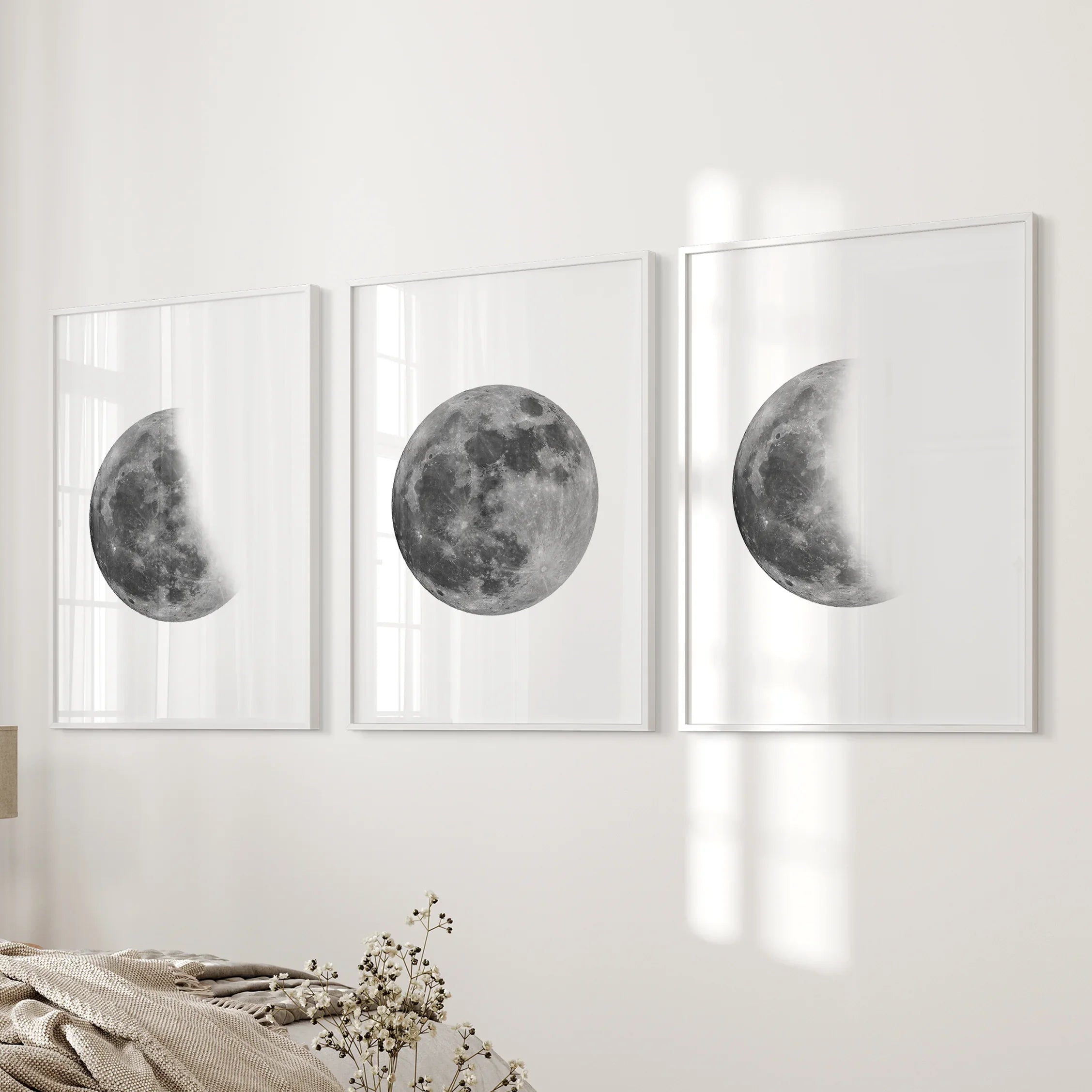 Moon Phases Set of 3 Prints. Black and White Lunar Cycle