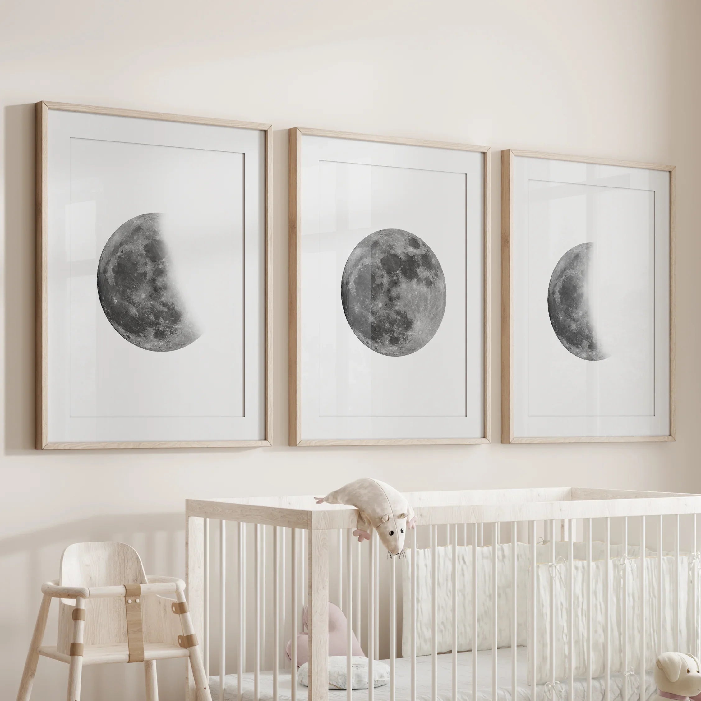 Moon Phases Set of 3 Prints. Black and White Lunar Cycle