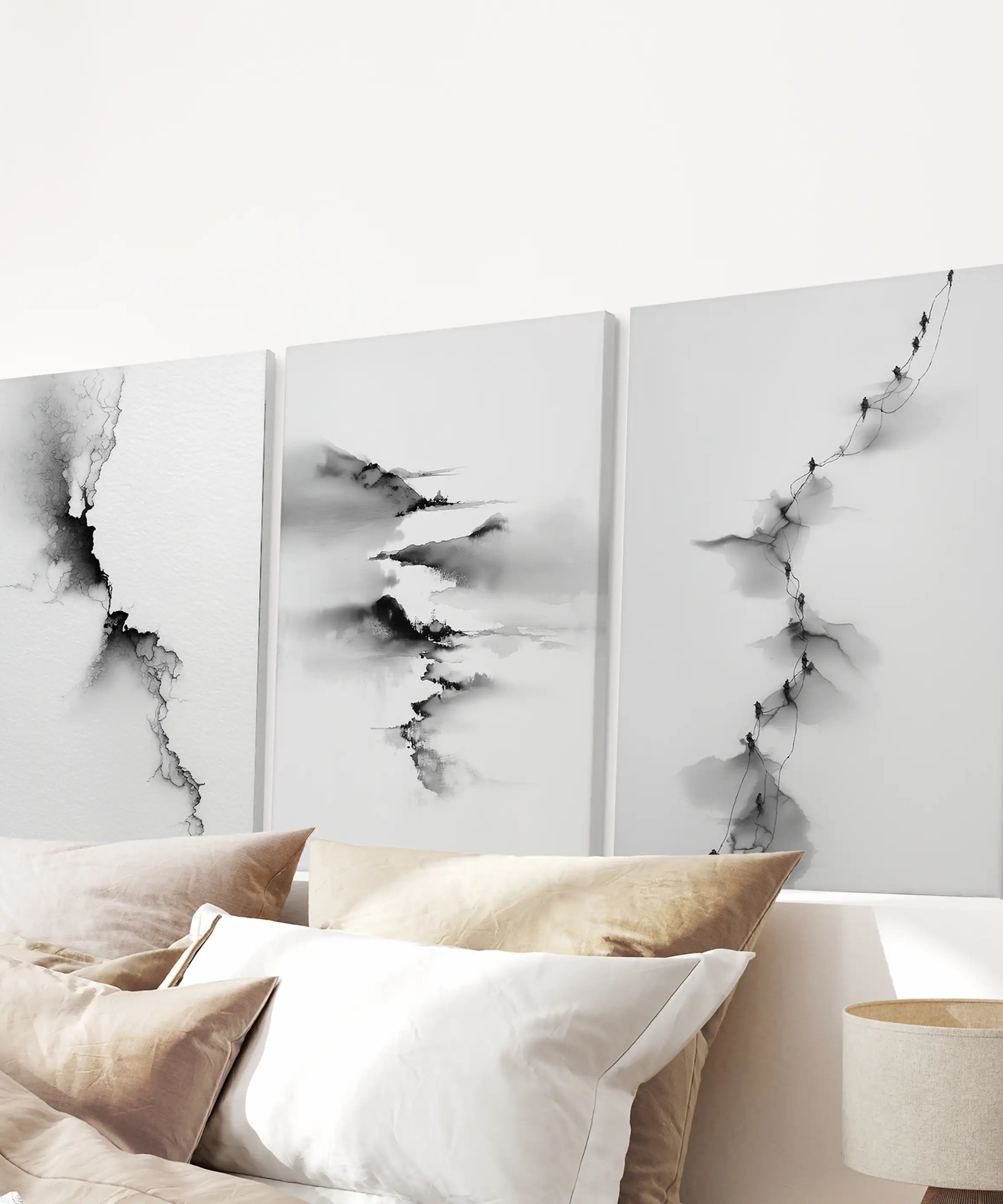 Abstract Mountain 3 Piece Wall Art. Black White Minimalist