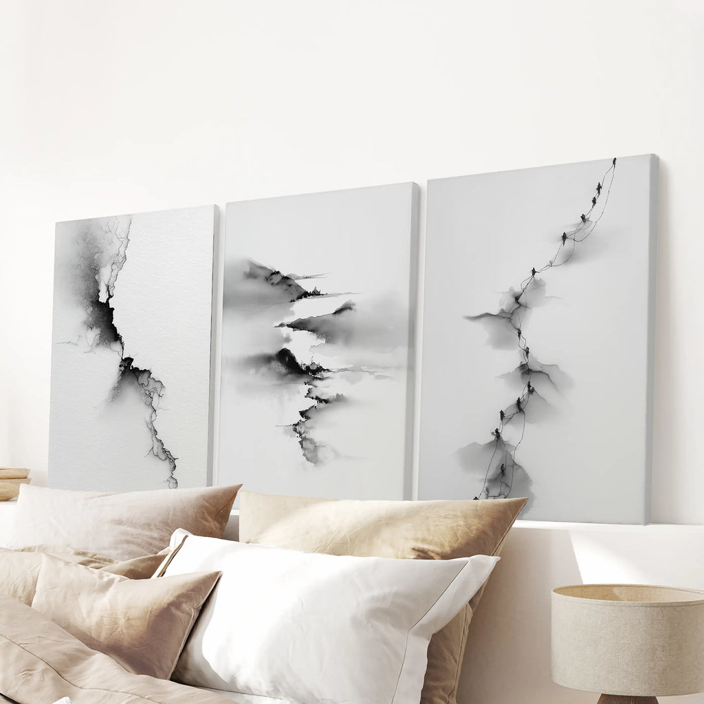Abstract Mountain 3 Piece Wall Art. Black White Minimalist