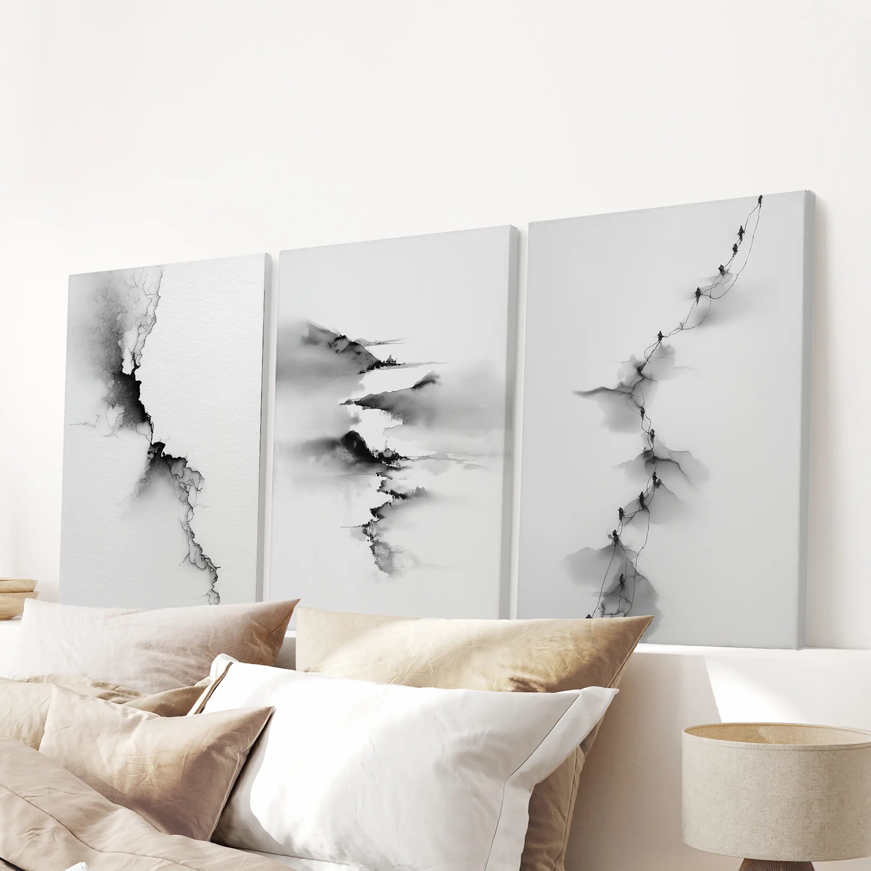 Abstract Mountain 3 Piece Wall Art. Black White Minimalist