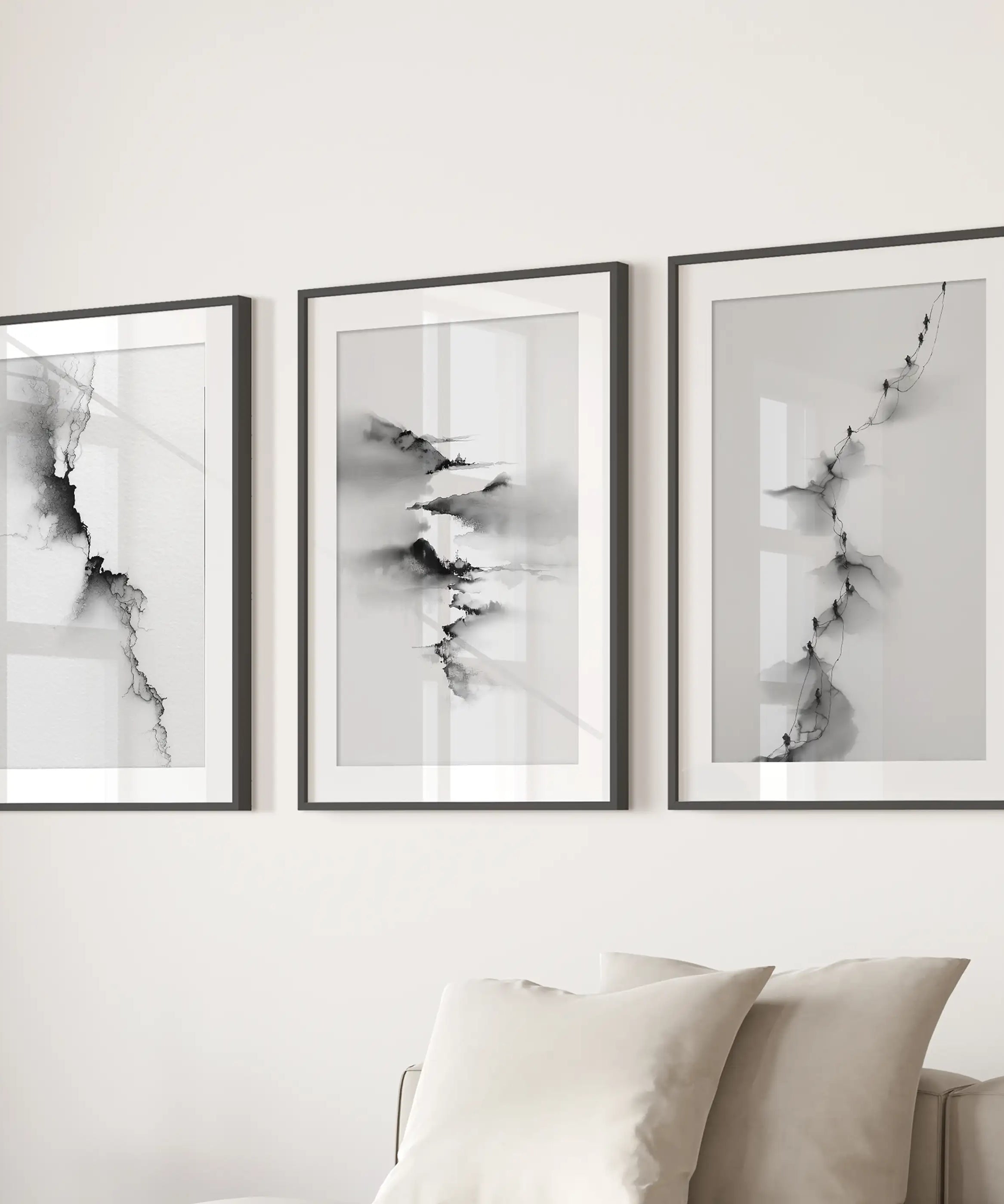 Abstract Mountain 3 Piece Wall Art. Black White Minimalist