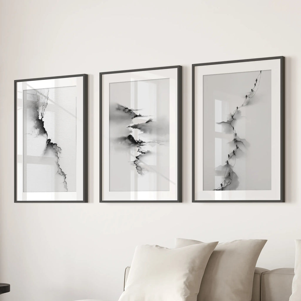 Abstract Mountain 3 Piece Wall Art. Black White Minimalist