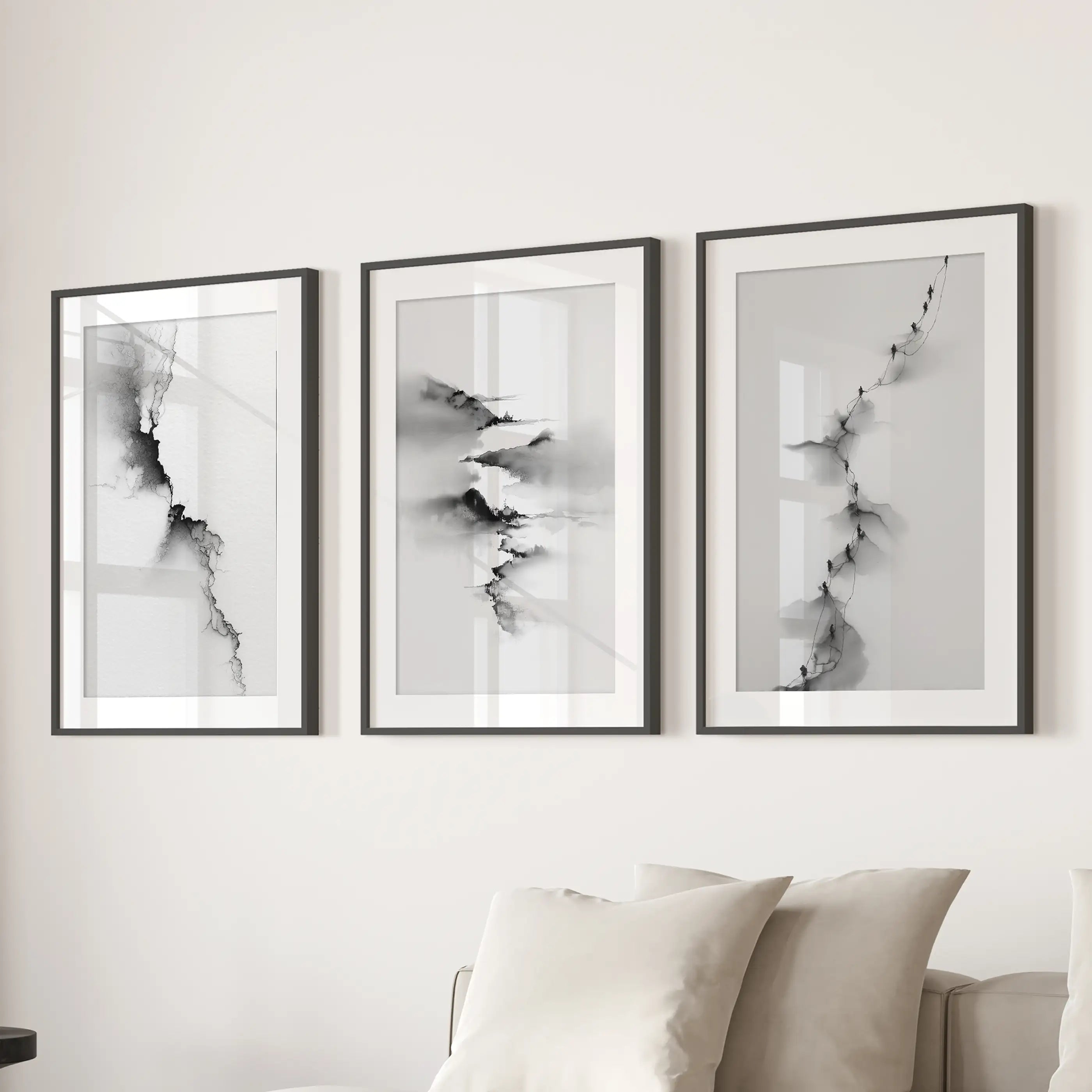 Abstract Mountain 3 Piece Wall Art. Black White Minimalist