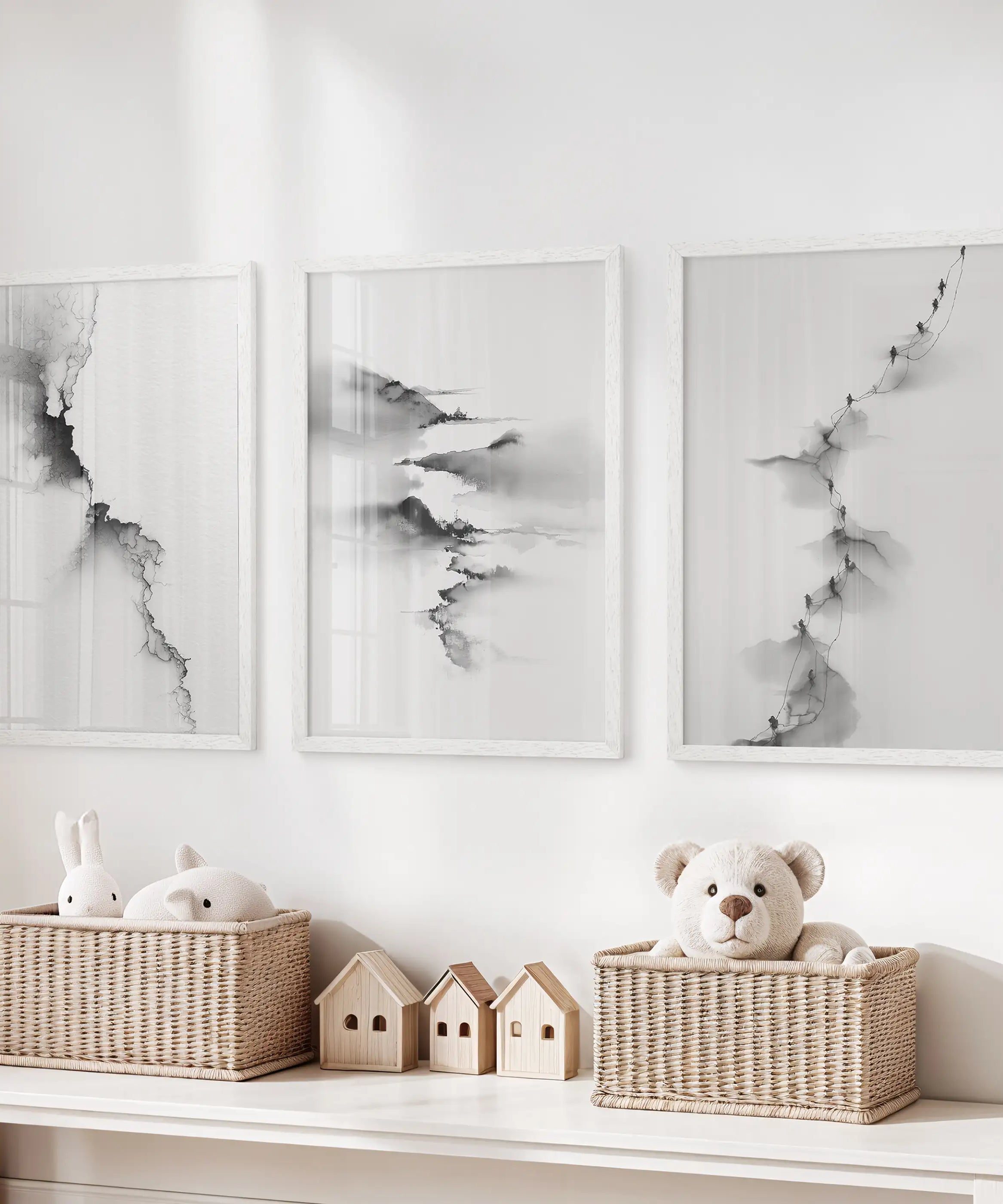 Abstract Mountain 3 Piece Wall Art. Black White Minimalist