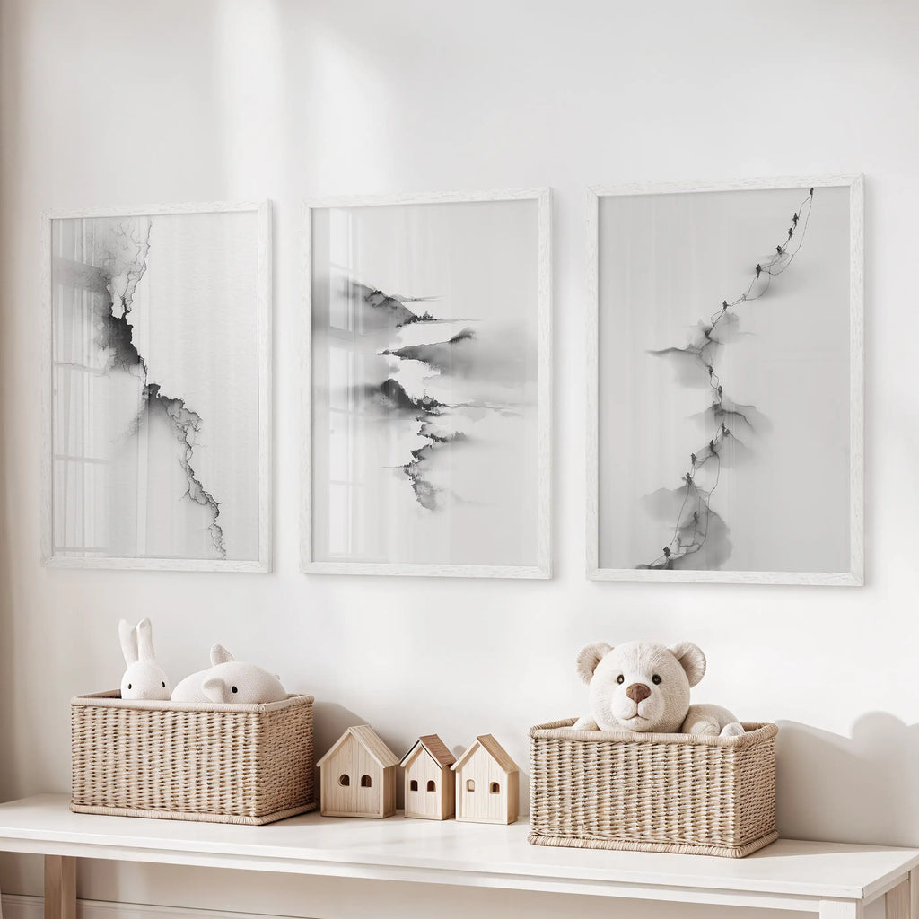 Abstract Mountain 3 Piece Wall Art. Black White Minimalist