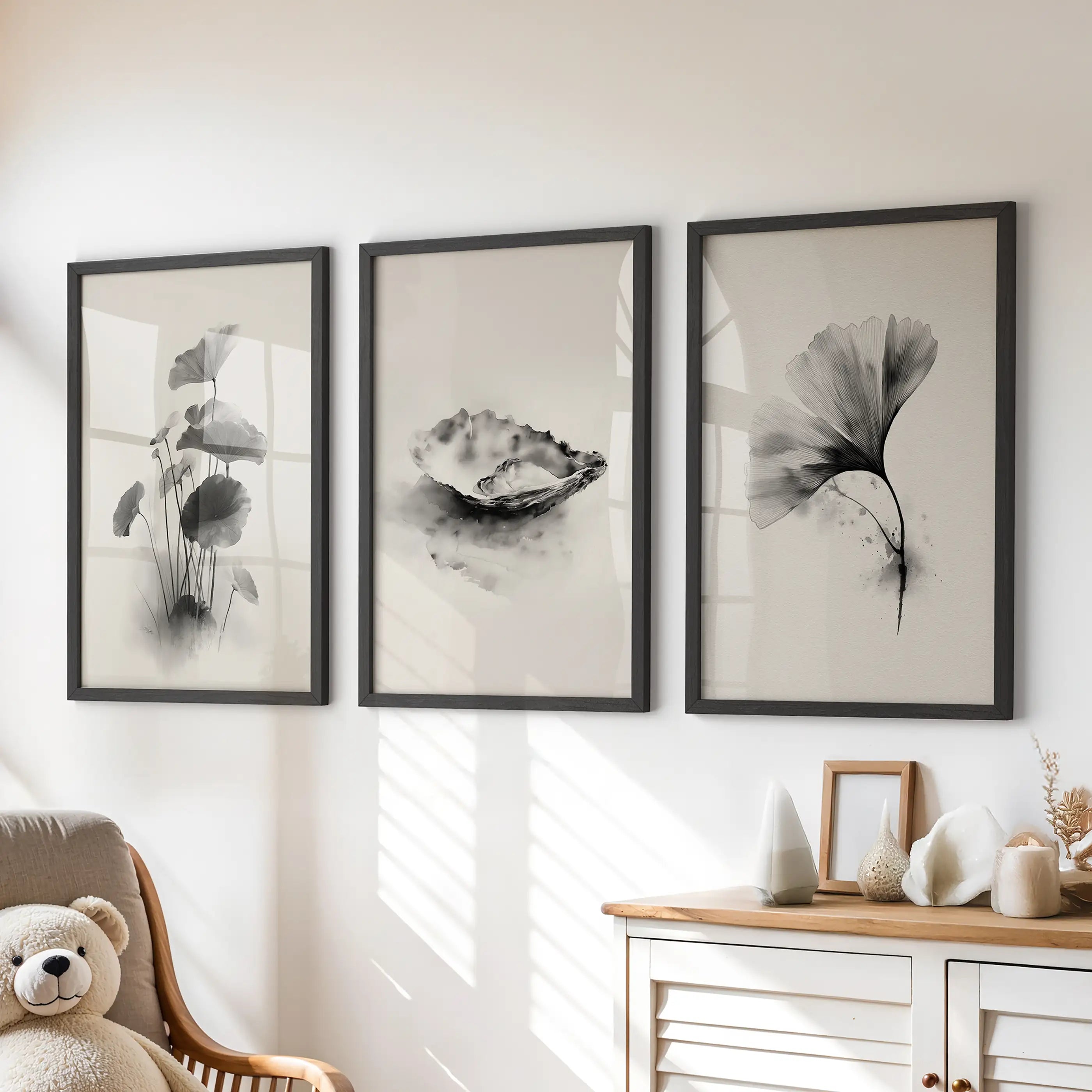 Minimalist Japanese Set of 3 Prints. Black and White Flowers Decor
