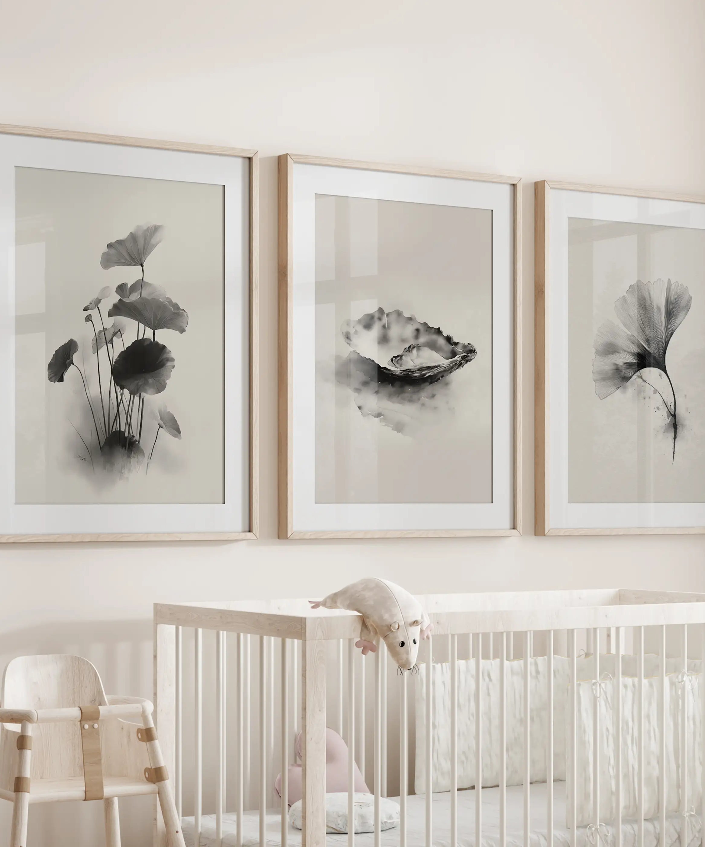 Minimalist Japanese Set of 3 Prints. Black and White Flowers Decor