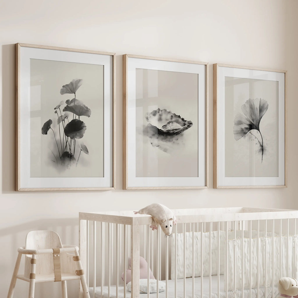 Minimalist Japanese Set of 3 Prints. Black and White Flowers Decor