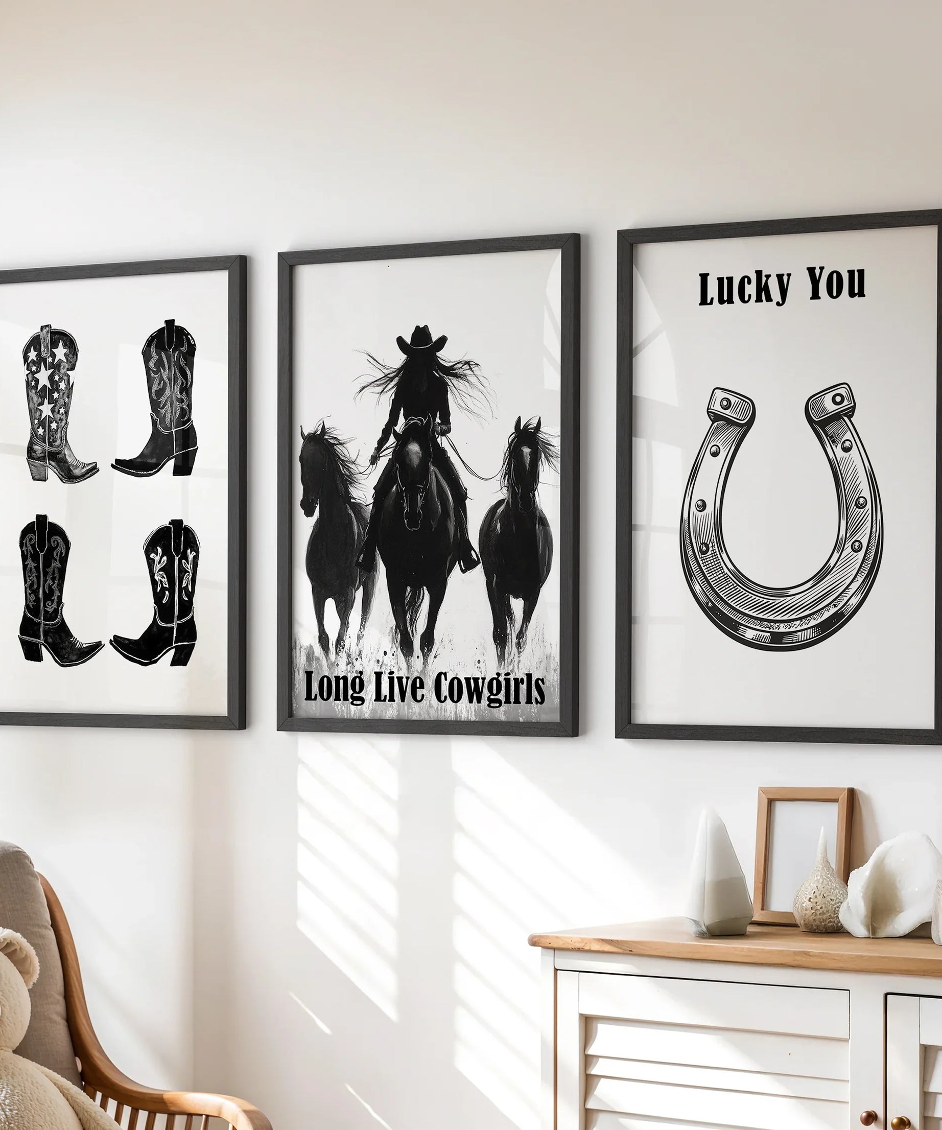 Western Cowgirl Wall Art Set of 3. Rustic Ranch Decor