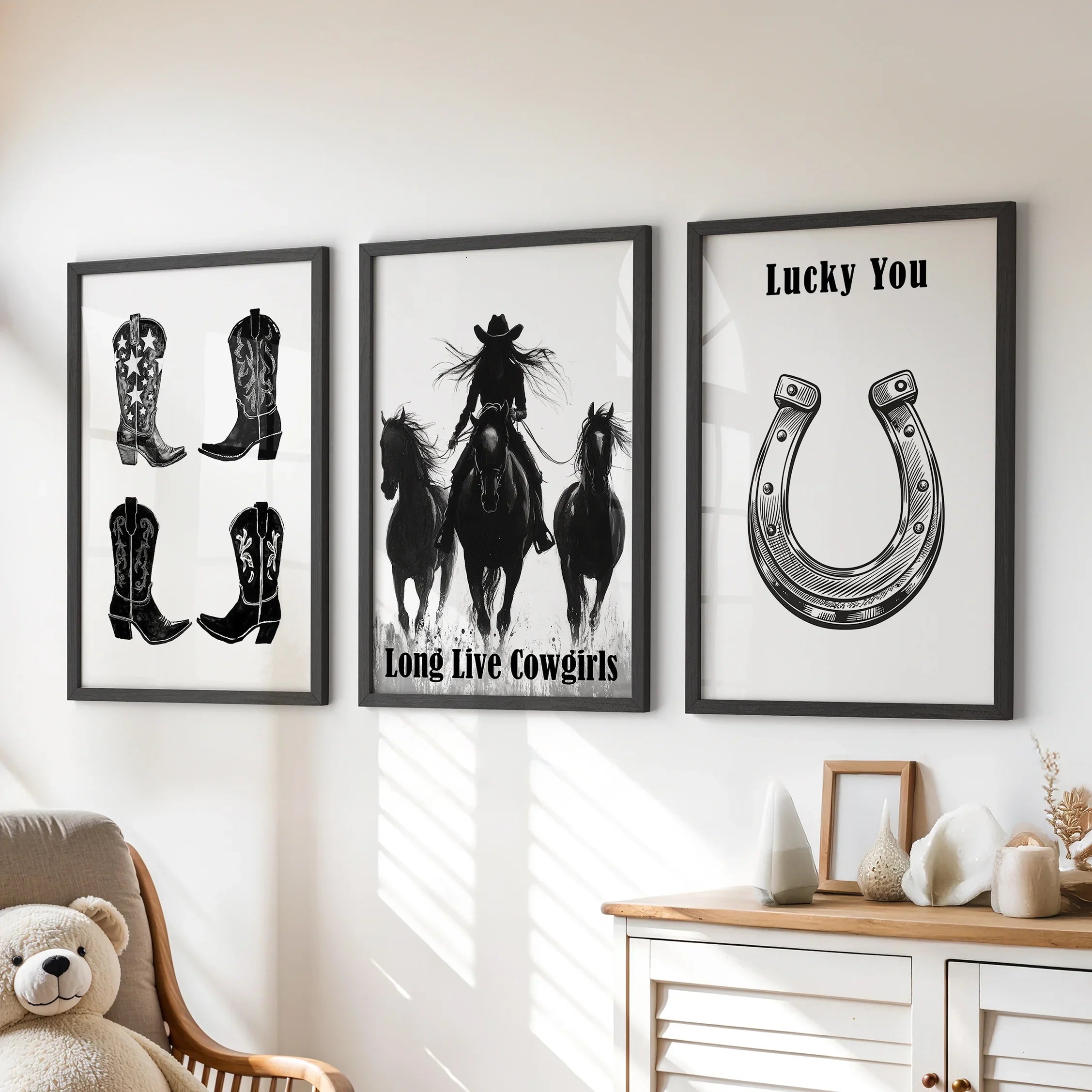 Western Cowgirl Wall Art Set of 3. Rustic Ranch Decor