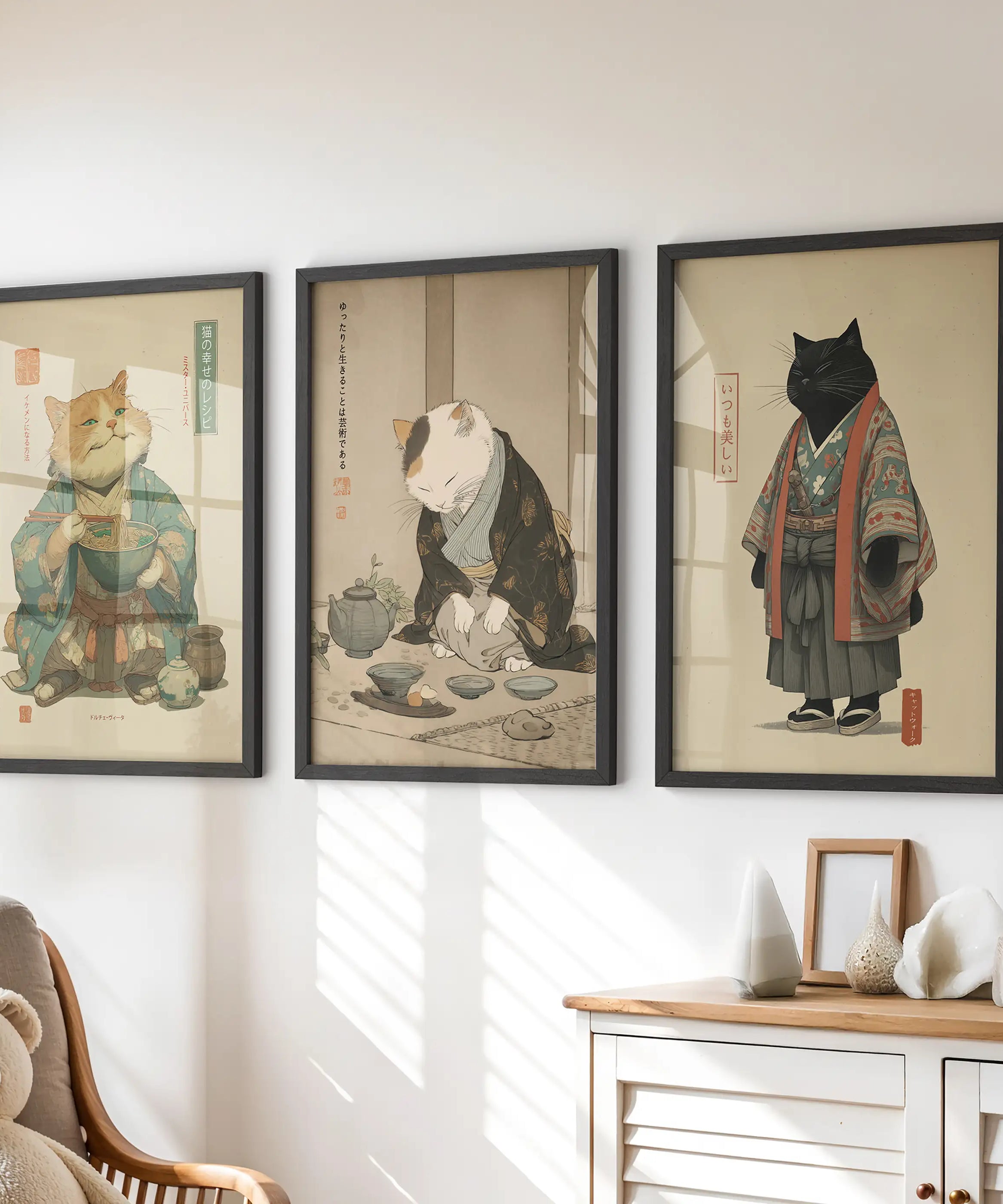 Japanese Ukiyo-e Style Cat Wall Art Set of 3. Tea Ceremony