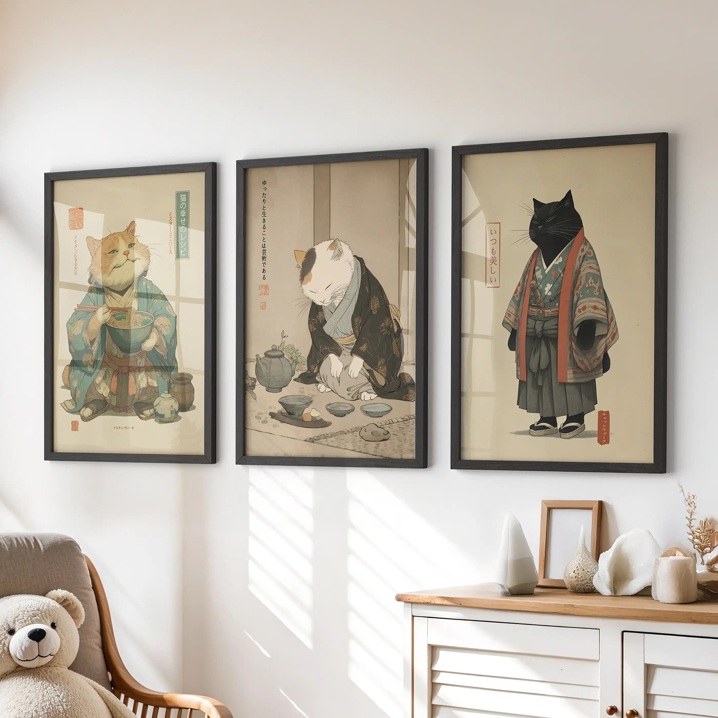 Japanese Ukiyo-e Style Cat Wall Art Set of 3. Tea Ceremony
