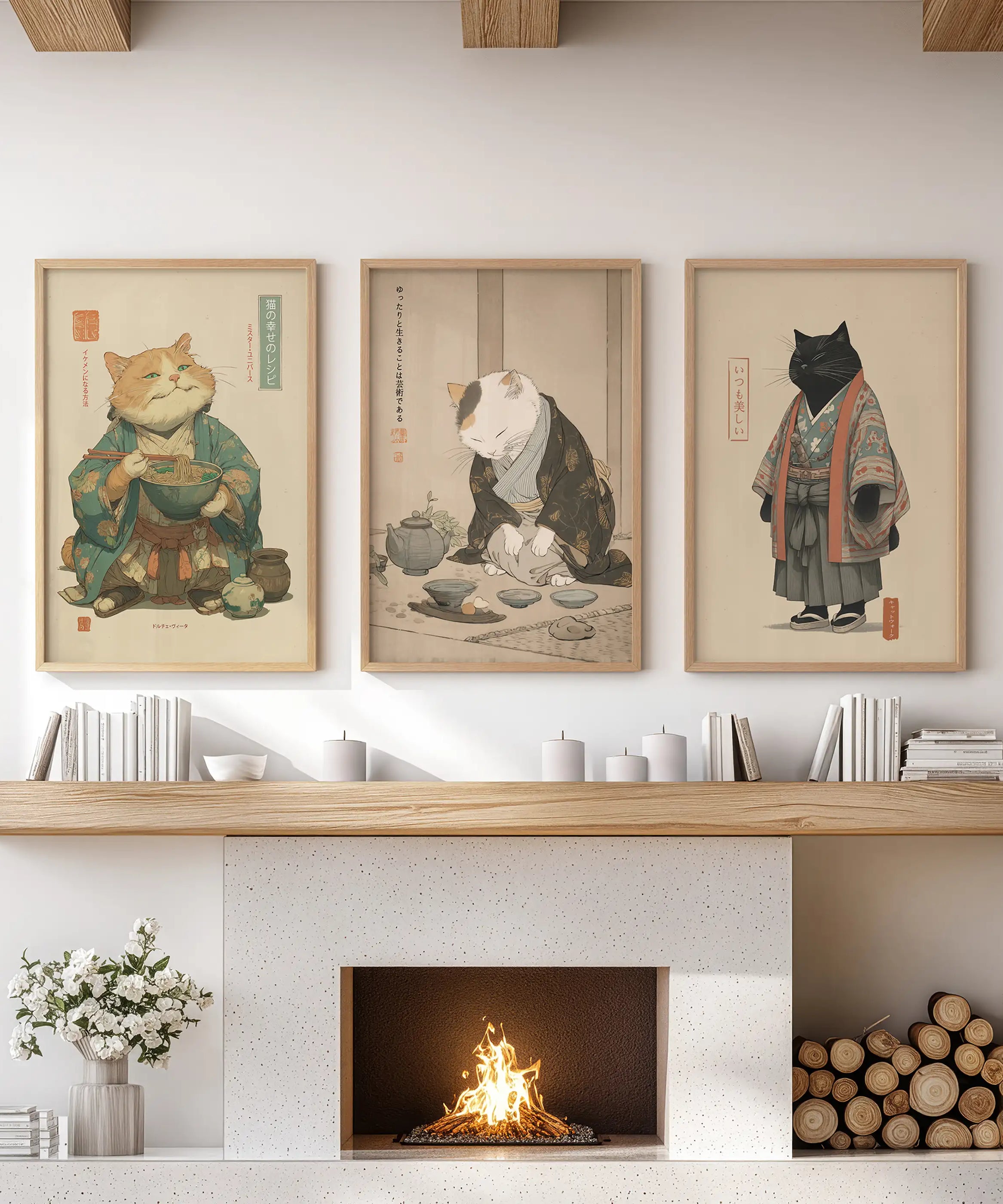 Japanese Ukiyo-e Style Cat Wall Art Set of 3. Tea Ceremony