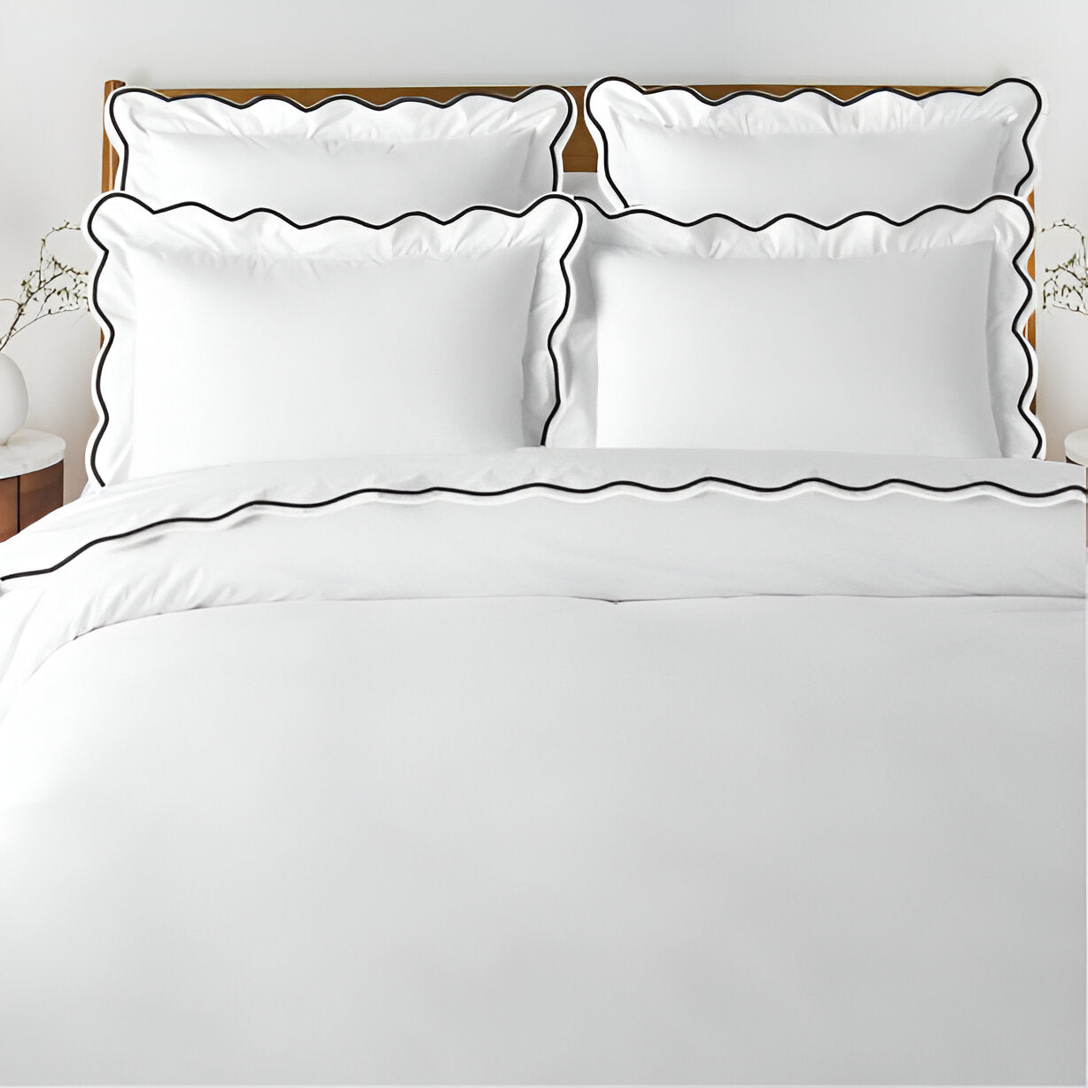 400TC Cotton Scallop Embroidery Sateen Solid Duvet Cover Set