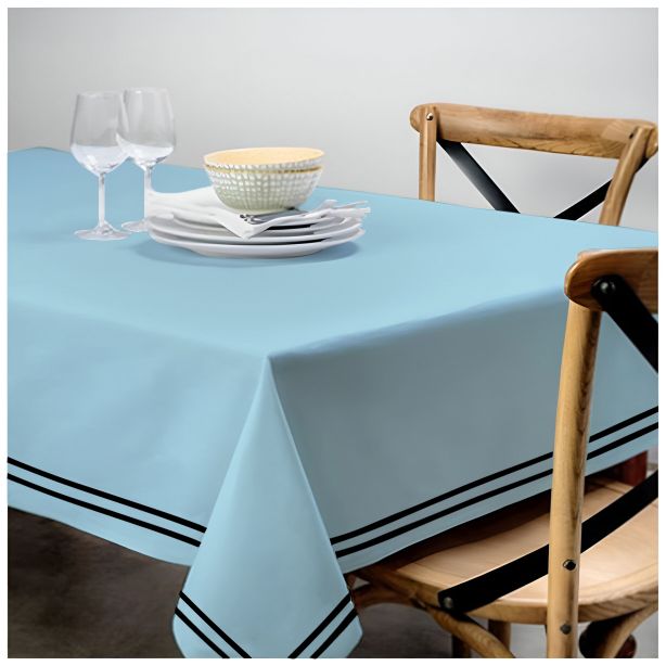 Double Embroidery Border Sateen Cotton Solid Table Cloth - Light Blue