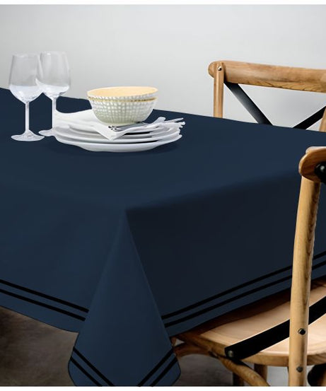 Double Embroidery Border Sateen Cotton Solid Table Cloth - Navy