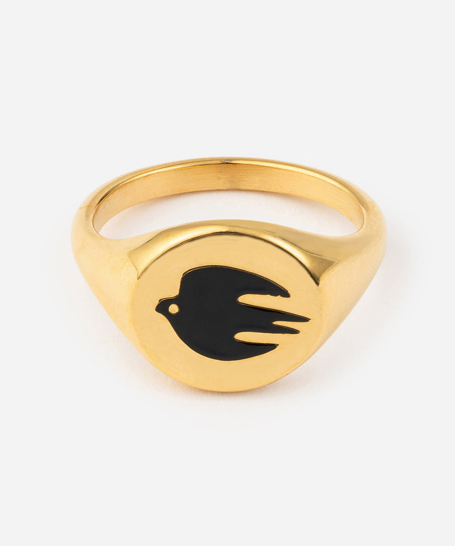 Black Enamel Gold Dove Ring