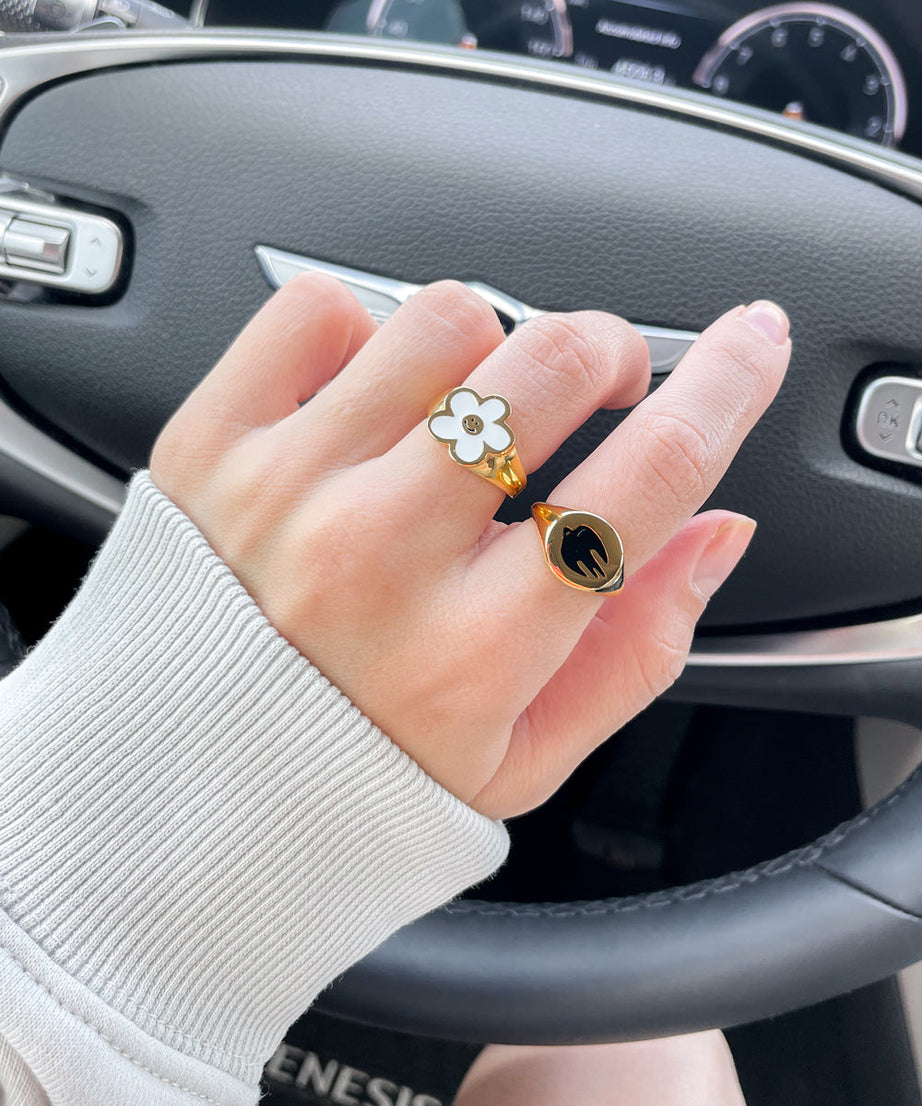 Black Enamel Gold Dove Ring