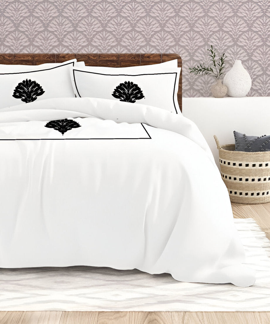 Leafy Embroidered Cotton Sateen Duvet Cover Set