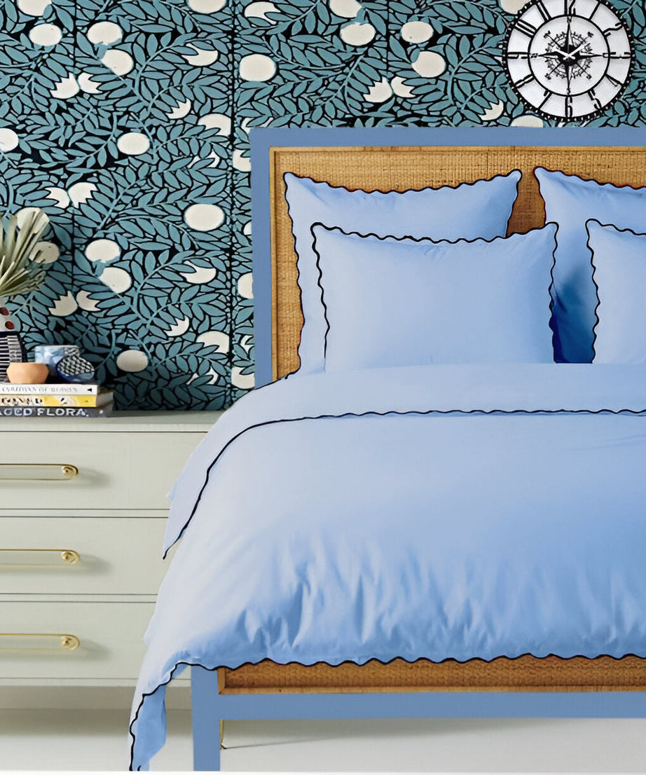Light Blue 400TC Cotton Small Scallop Embroidery Duvet Cover Set